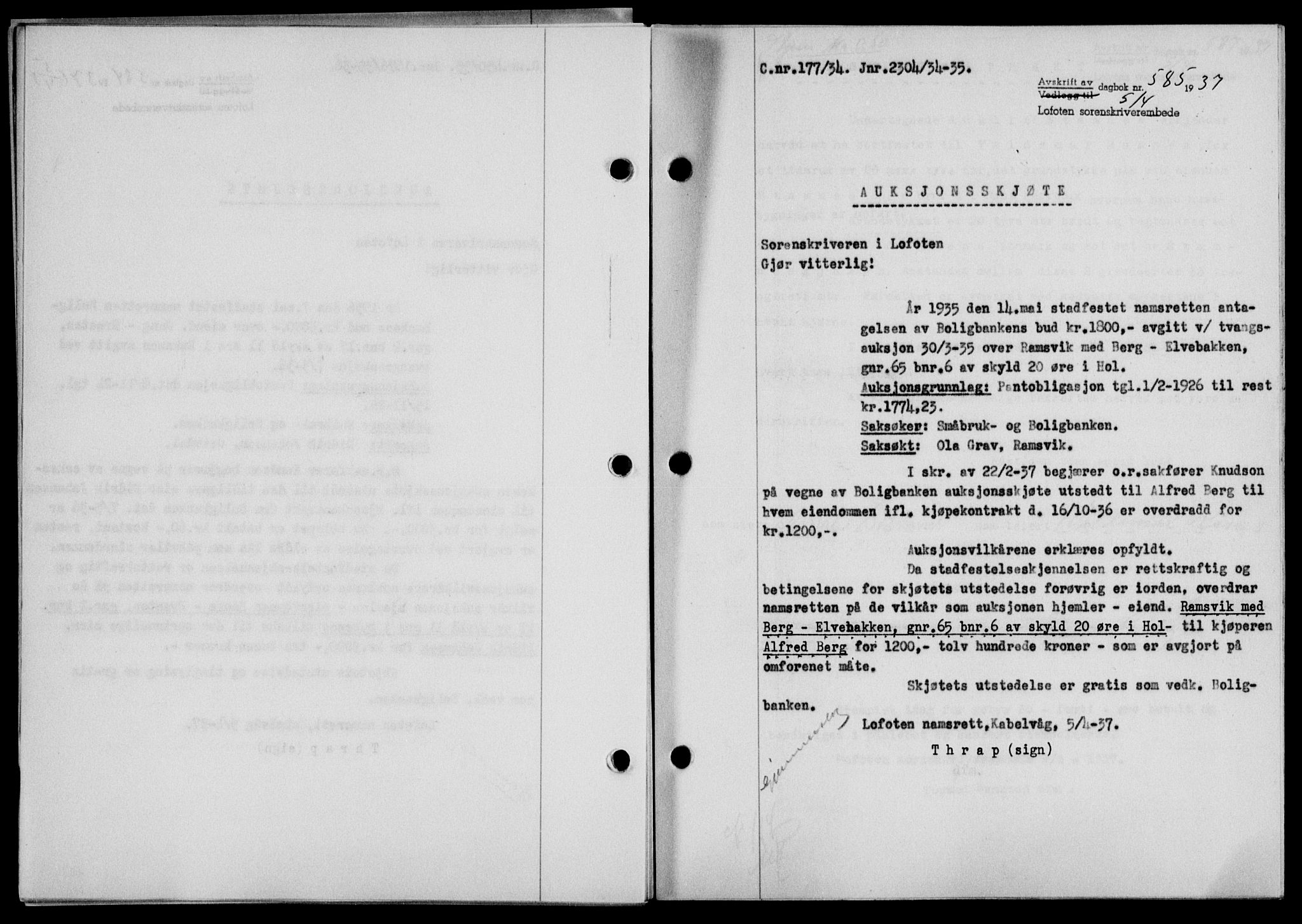 Lofoten sorenskriveri, SAT/A-0017/1/2/2C/L0002a: Mortgage book no. 2a, 1937-1937, Diary no: : 585/1937