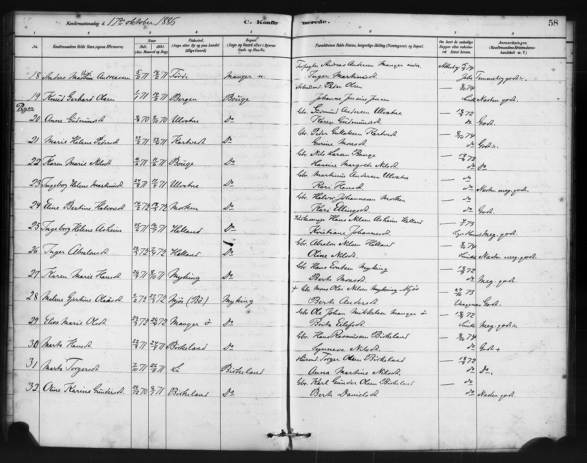 Manger sokneprestembete, SAB/A-76801/H/Haa: Parish register (official) no. B 1, 1881-1892, p. 58