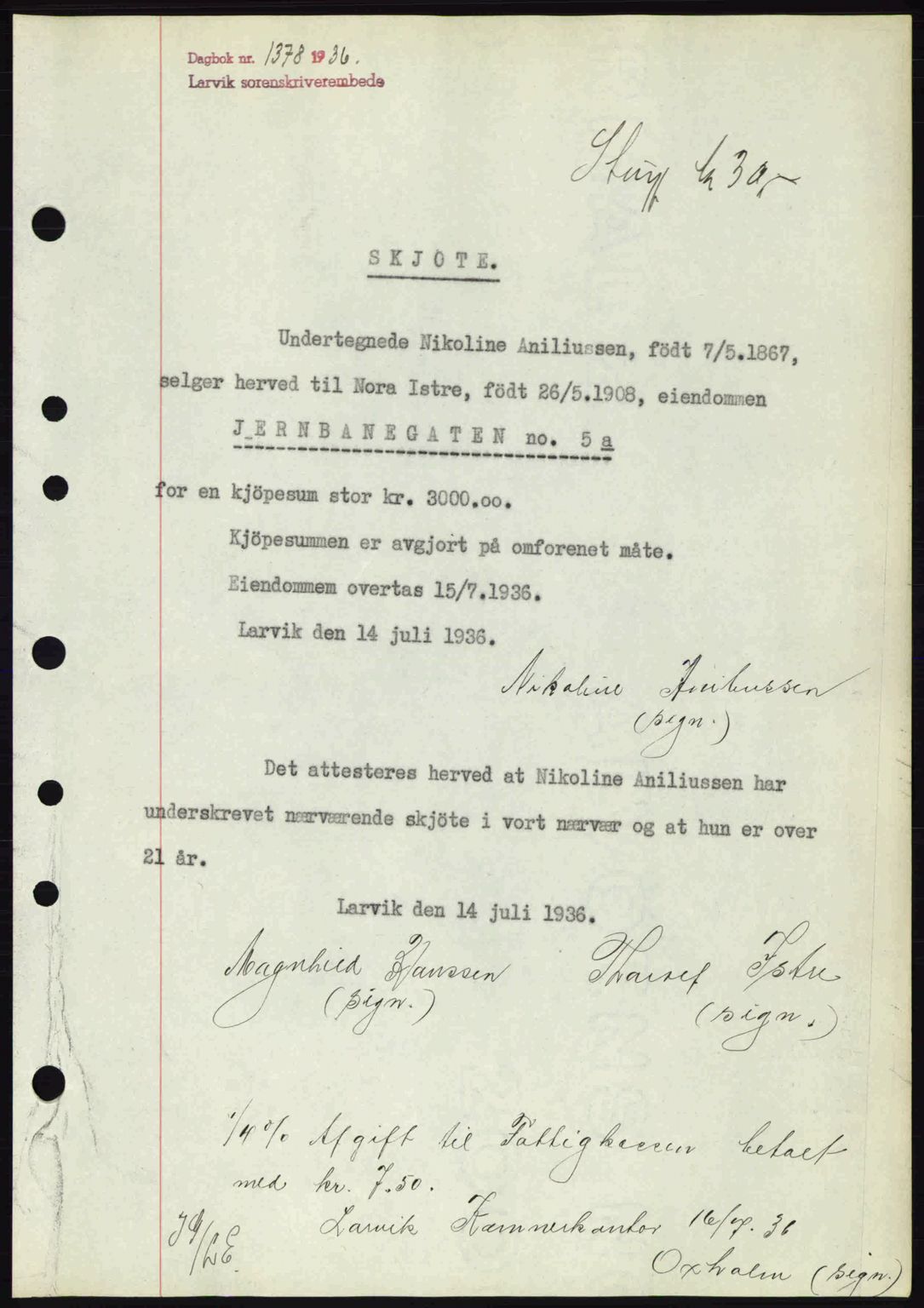 Larvik sorenskriveri, SAKO/A-83/G/Ga/Gab/L0067: Mortgage book no. A-1, 1936-1937, Diary no: : 1378/1936