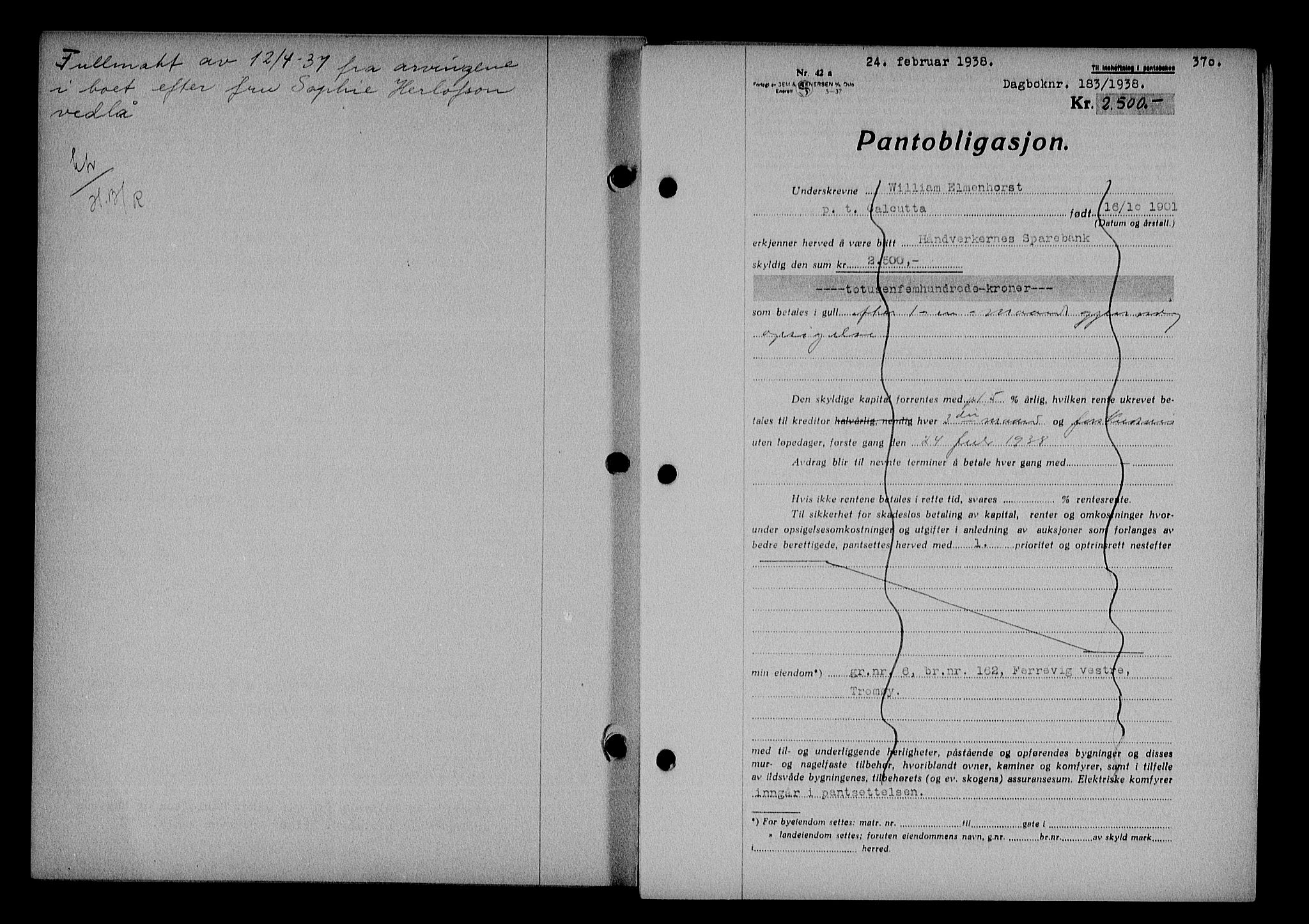 Nedenes sorenskriveri, SAK/1221-0006/G/Gb/Gba/L0044: Mortgage book no. 40, 1937-1938, Diary no: : 183/1938
