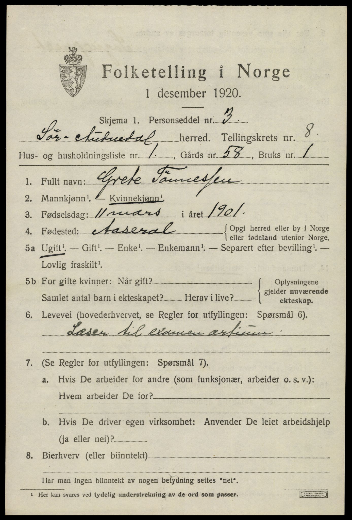 SAK, 1920 census for Sør-Audnedal, 1920, p. 3183