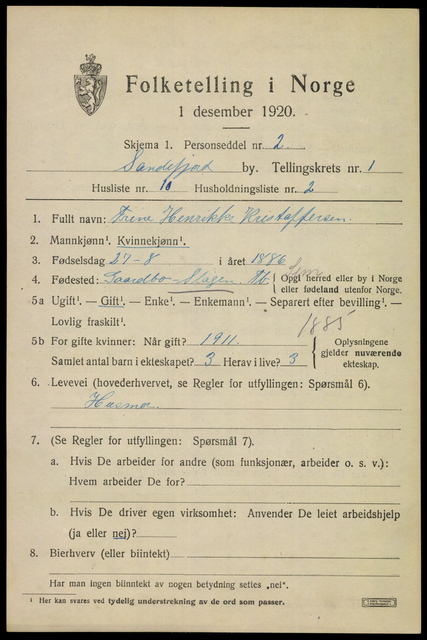 SAKO, 1920 census for Sandefjord, 1920, p. 4310