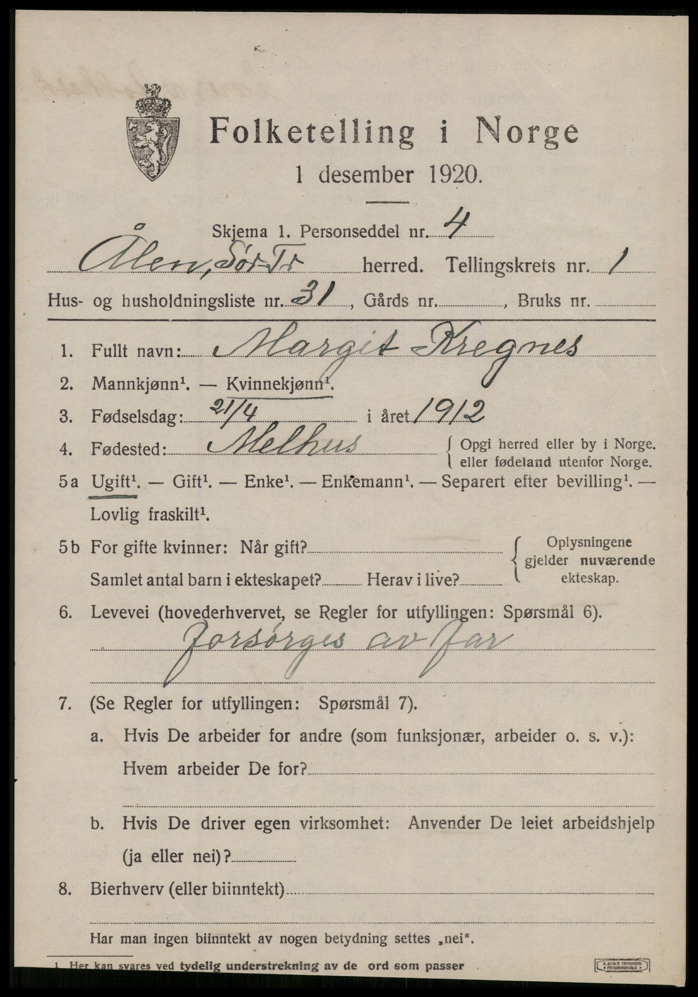 SAT, 1920 census for Ålen, 1920, p. 1196