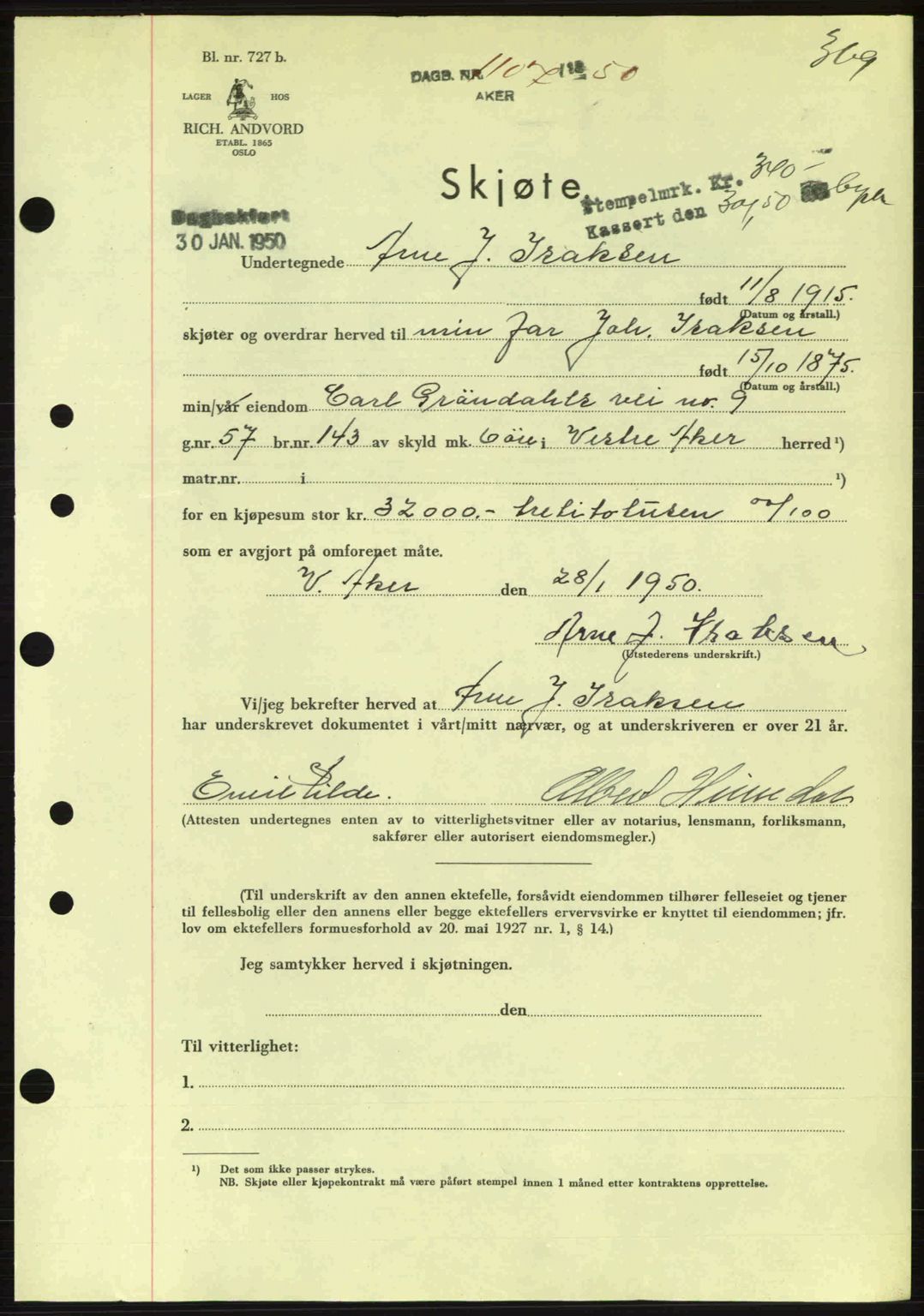 Oslo byskriverembete, AV/SAO-A-10227/G/Gb/Gbd/Gbda/L0017: Mortgage book no. A215, 1949-1950, Diary no: : 1107/1950