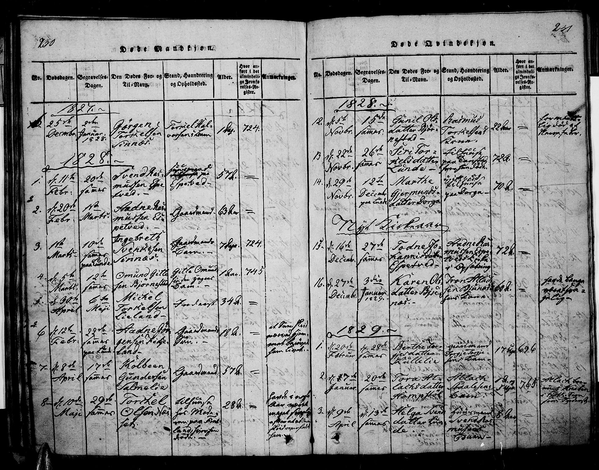 Sirdal sokneprestkontor, AV/SAK-1111-0036/F/Fa/Fab/L0001: Parish register (official) no. A 1, 1815-1834, p. 230-231