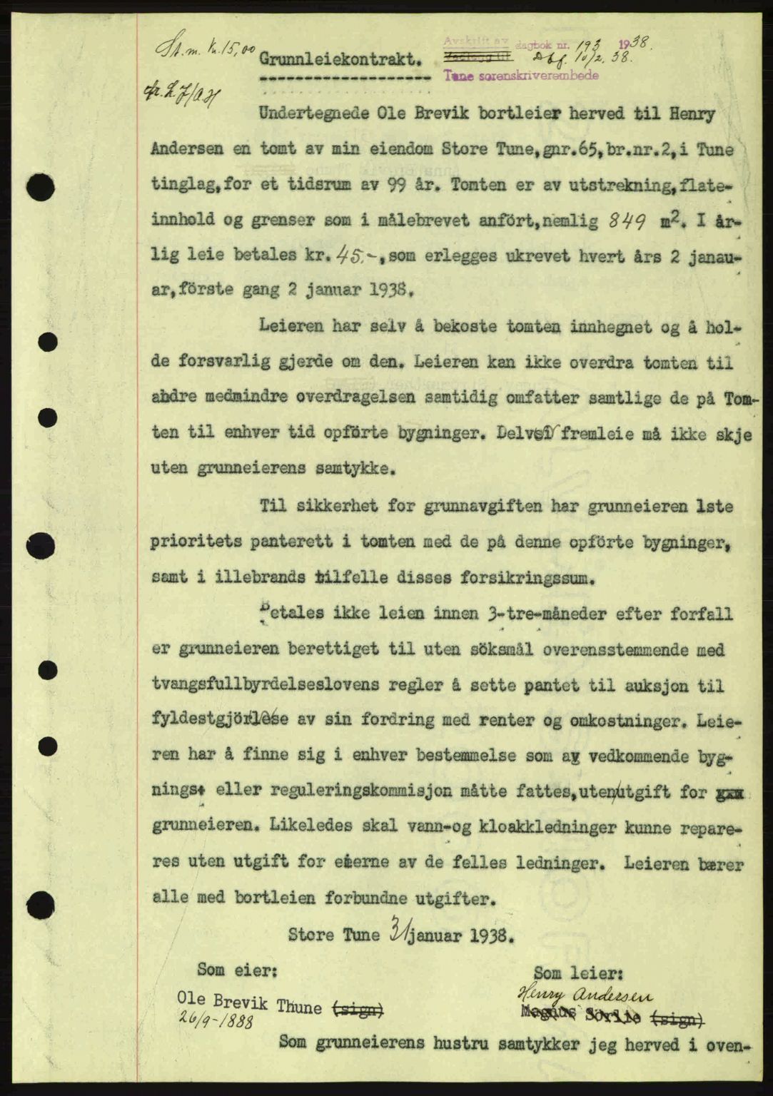 Tune sorenskriveri, AV/SAO-A-10470/G/Gb/Gbg/Gbgb/L0003: Mortgage book no. A3, 1938-1938, Diary no: : 193/1938