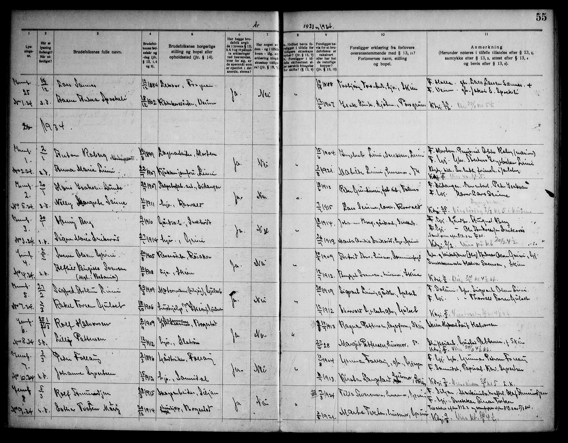 Gjerpen kirkebøker, SAKO/A-265/H/Ha/L0003: Banns register no. I 3, 1919-1946, p. 55