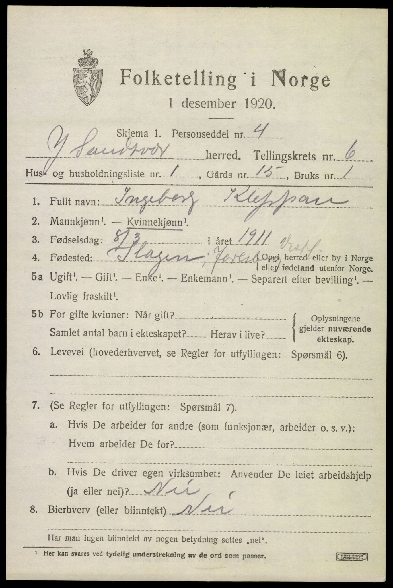 SAKO, 1920 census for Ytre Sandsvær, 1920, p. 4668