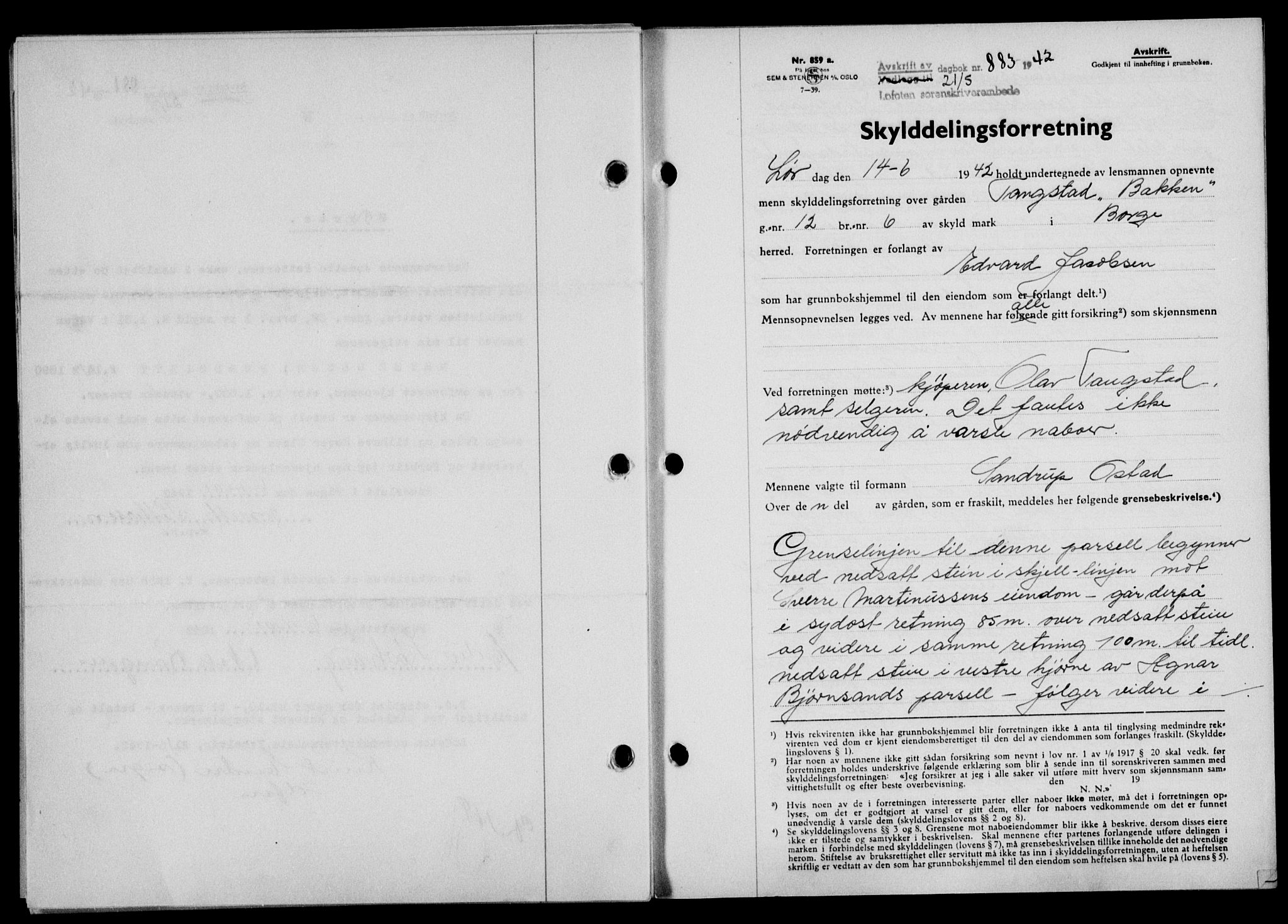 Lofoten sorenskriveri, SAT/A-0017/1/2/2C/L0009a: Mortgage book no. 9a, 1941-1942, Diary no: : 883/1942