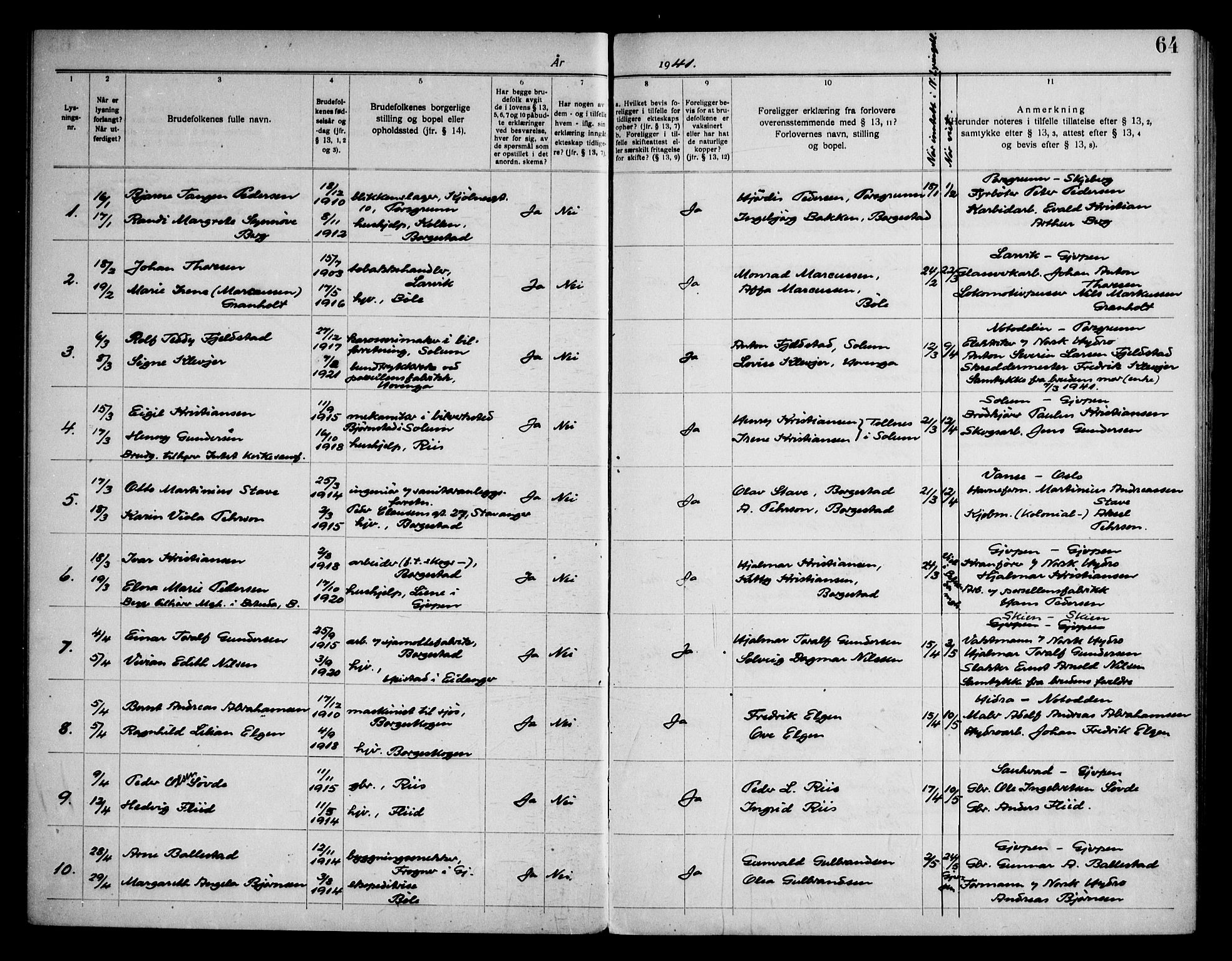 Gjerpen kirkebøker, SAKO/A-265/H/Hb/L0001: Banns register no. II 1, 1920-1950, p. 64