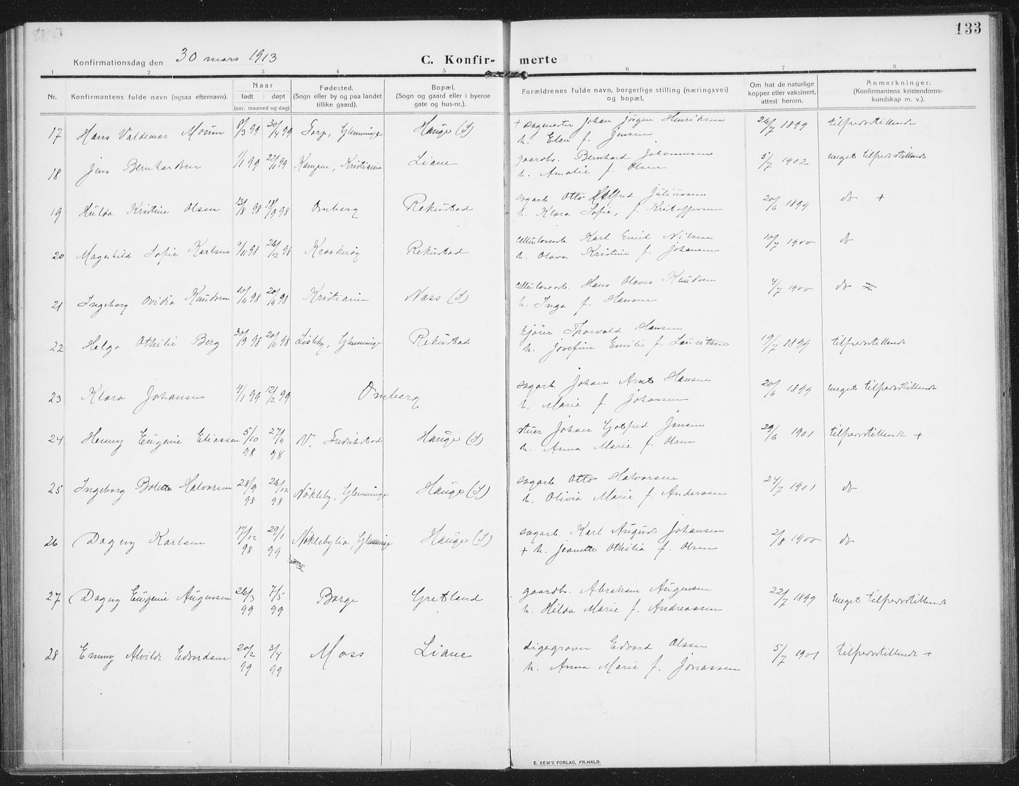 Rolvsøy prestekontor Kirkebøker, AV/SAO-A-2004/F/Fa/L0002: Parish register (official) no. 2, 1909-1917, p. 133