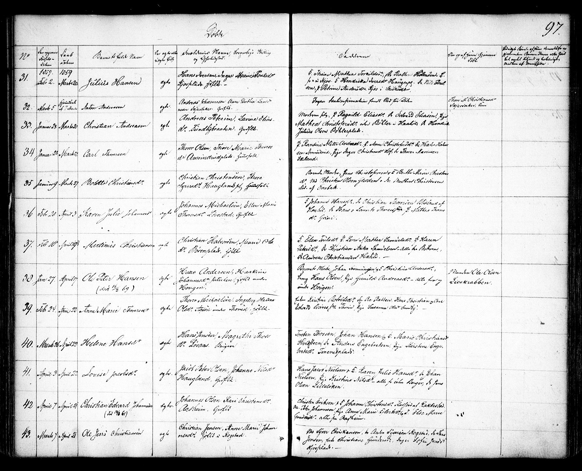 Spydeberg prestekontor Kirkebøker, AV/SAO-A-10924/F/Fa/L0005: Parish register (official) no. I 5, 1842-1862, p. 97