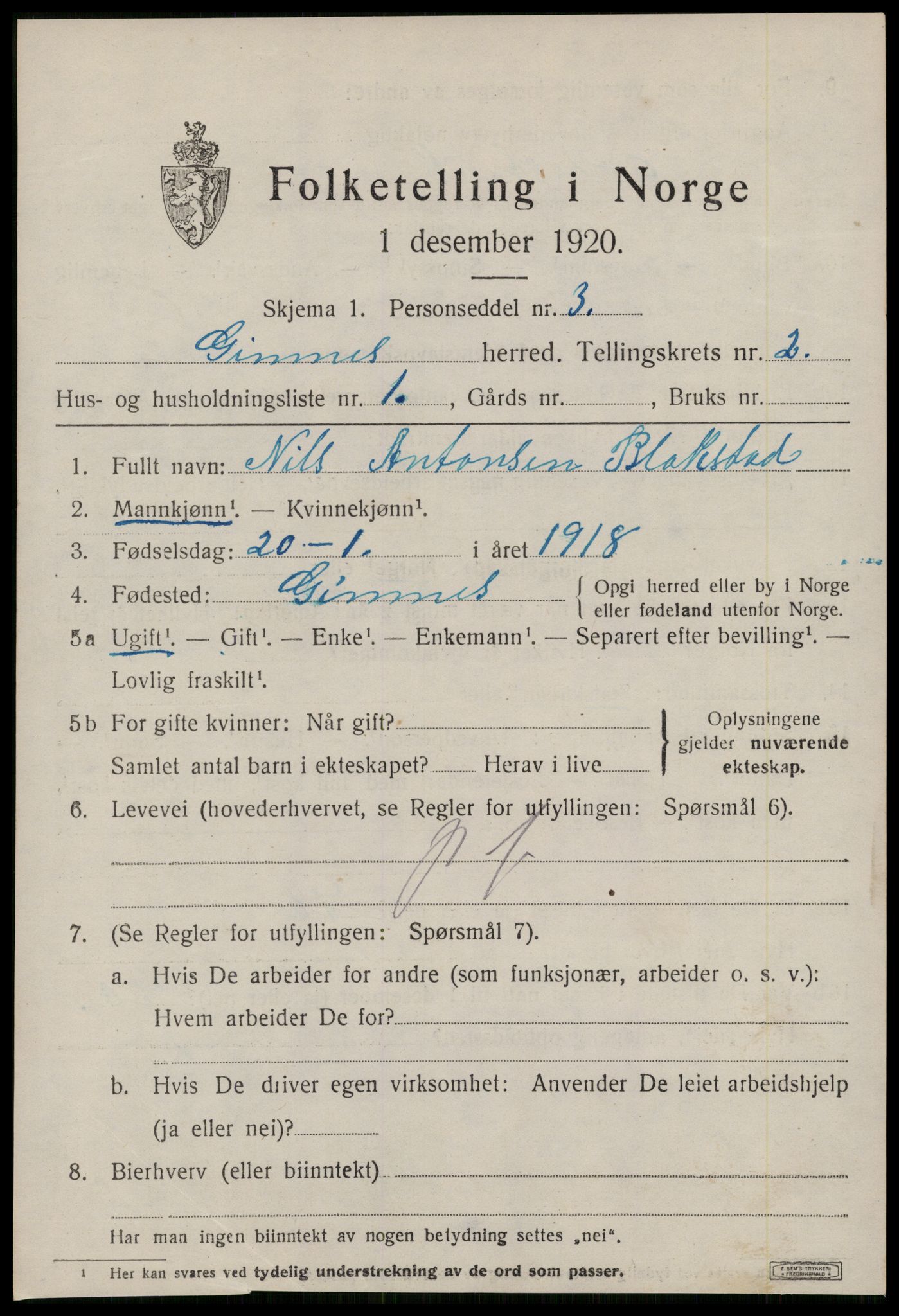 SAT, 1920 census for Gjemnes, 1920, p. 728