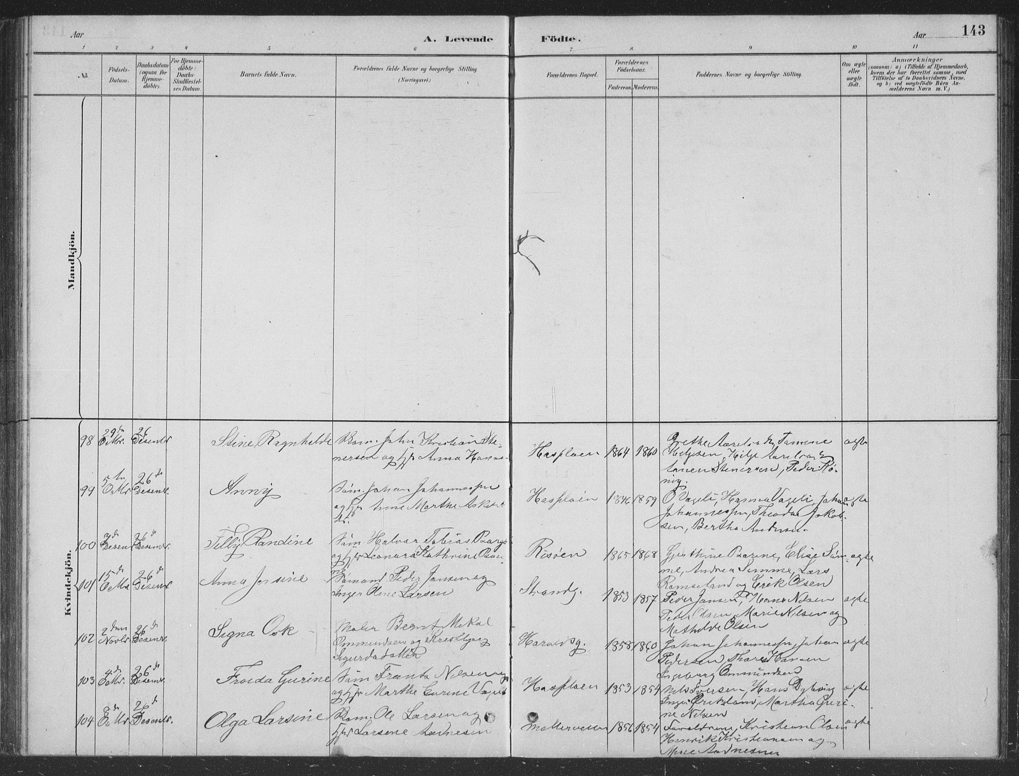 Haugesund sokneprestkontor, AV/SAST-A -101863/H/Ha/Hab/L0002: Parish register (copy) no. B 2, 1881-1894, p. 143