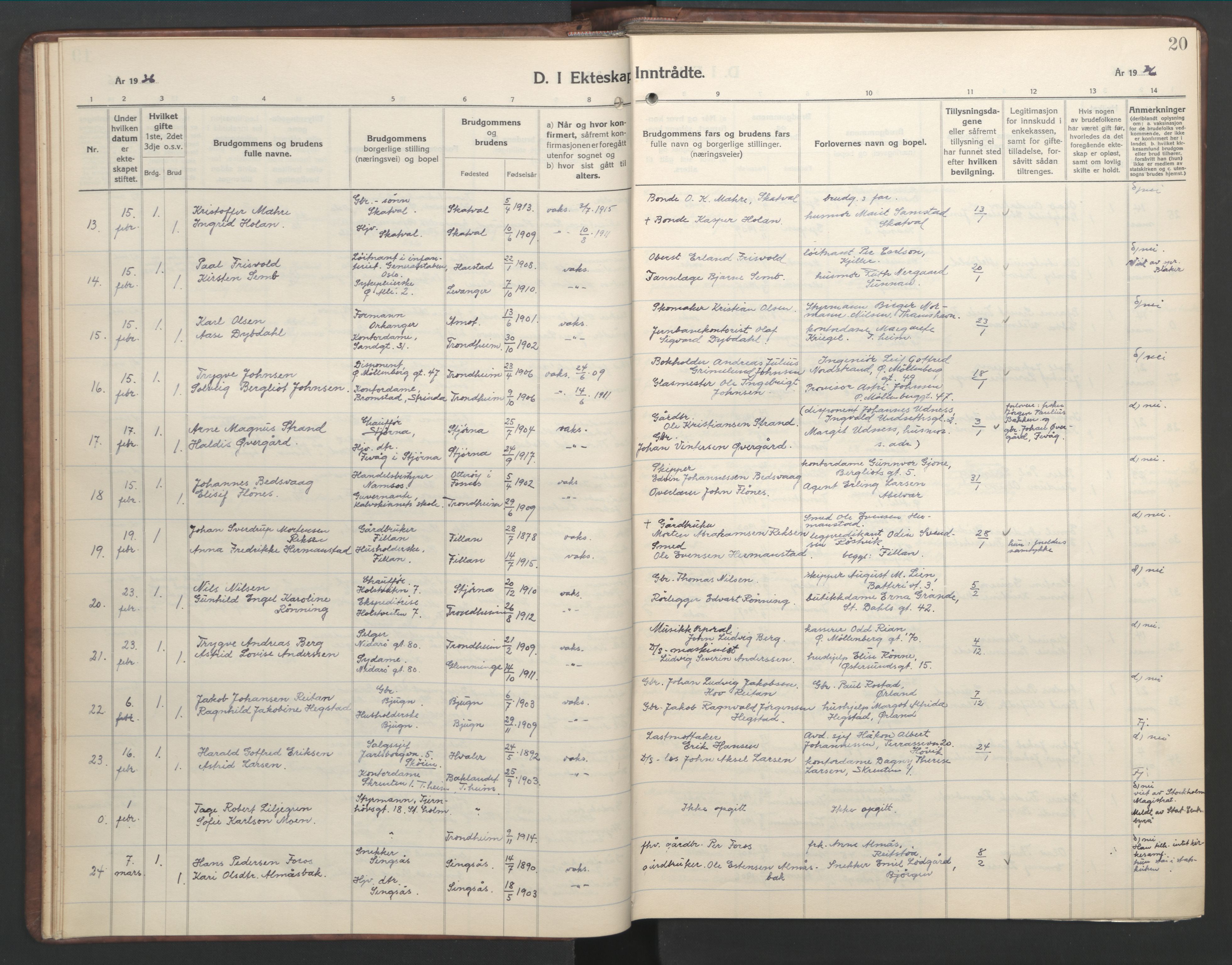 Ministerialprotokoller, klokkerbøker og fødselsregistre - Sør-Trøndelag, SAT/A-1456/601/L0101: Parish register (copy) no. 601C19, 1935-1946, p. 20