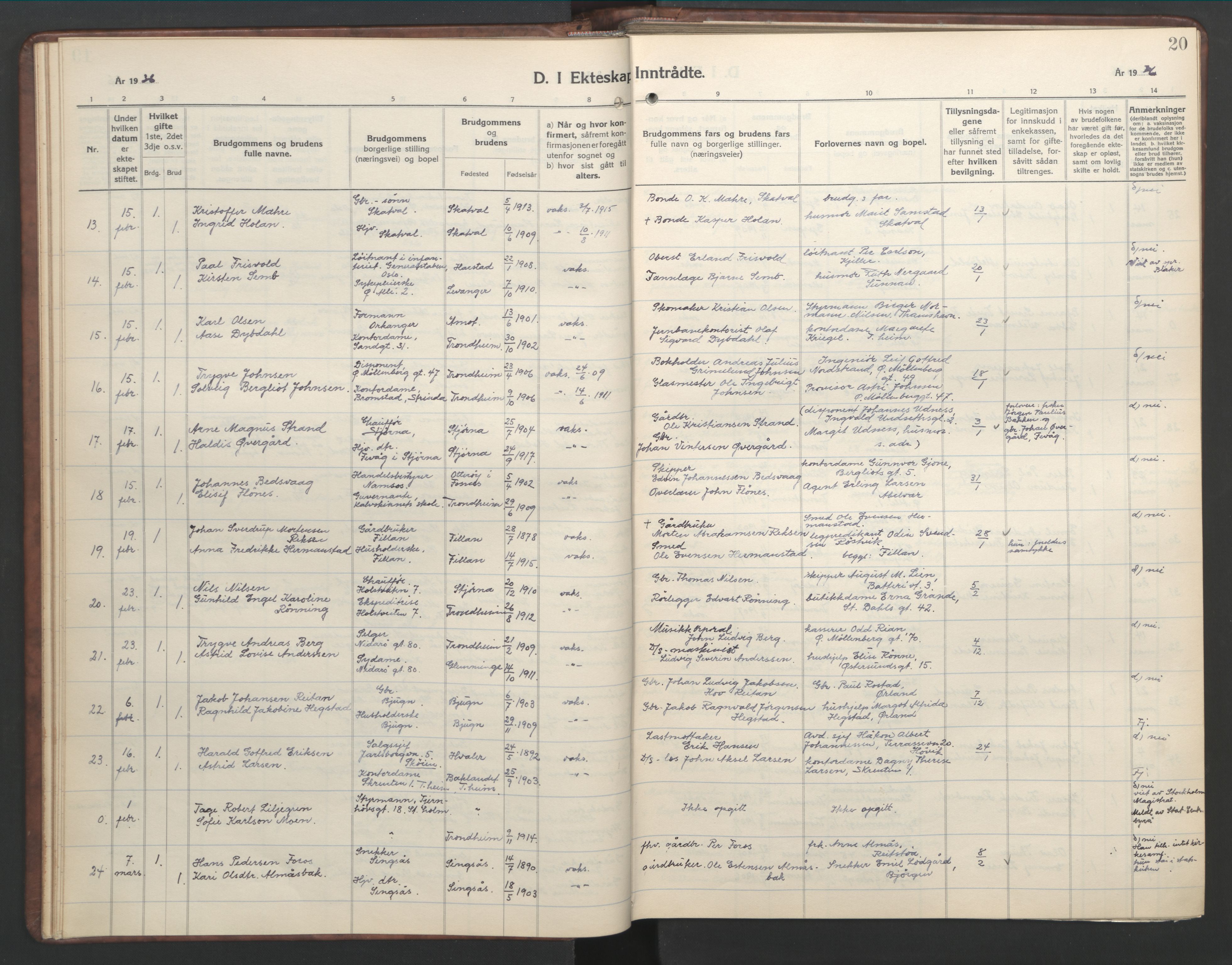 Ministerialprotokoller, klokkerbøker og fødselsregistre - Sør-Trøndelag, AV/SAT-A-1456/601/L0101: Parish register (copy) no. 601C19, 1935-1946, p. 20