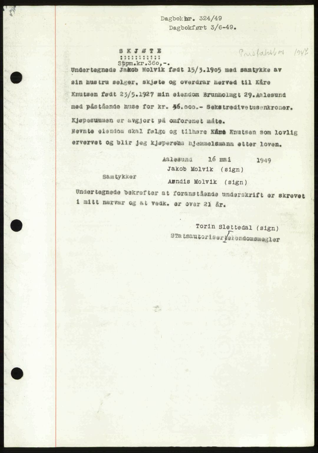 Ålesund byfogd, AV/SAT-A-4384: Mortgage book no. 37A (1), 1947-1949, Diary no: : 324/1949