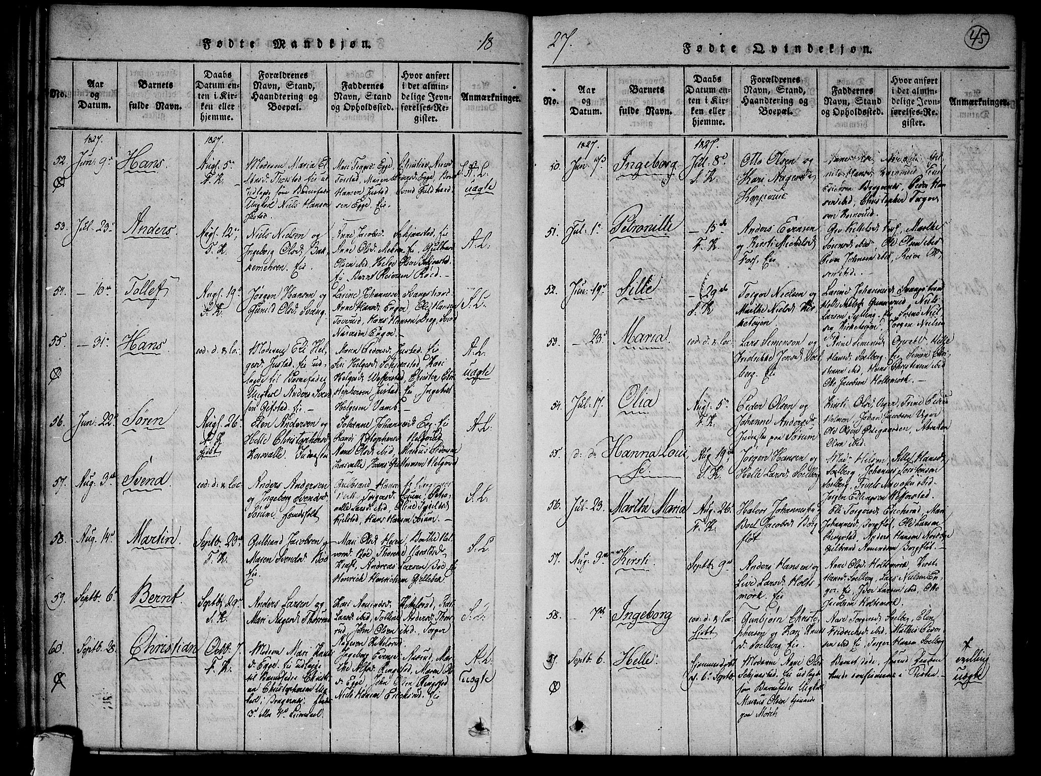 Lier kirkebøker, AV/SAKO-A-230/F/Fa/L0009: Parish register (official) no. I 9, 1824-1827, p. 45