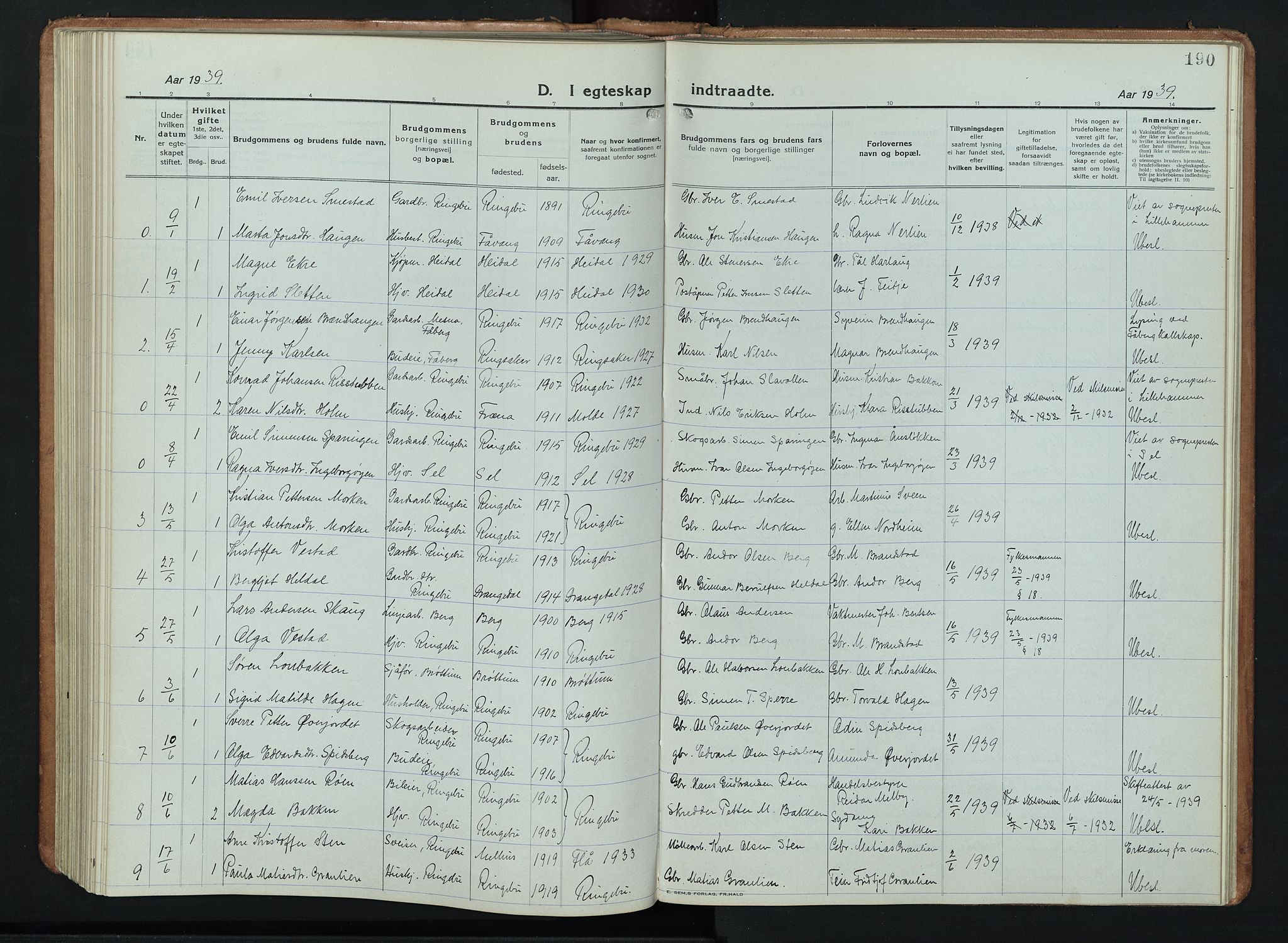 Ringebu prestekontor, AV/SAH-PREST-082/H/Ha/Hab/L0011: Parish register (copy) no. 11, 1921-1943, p. 190