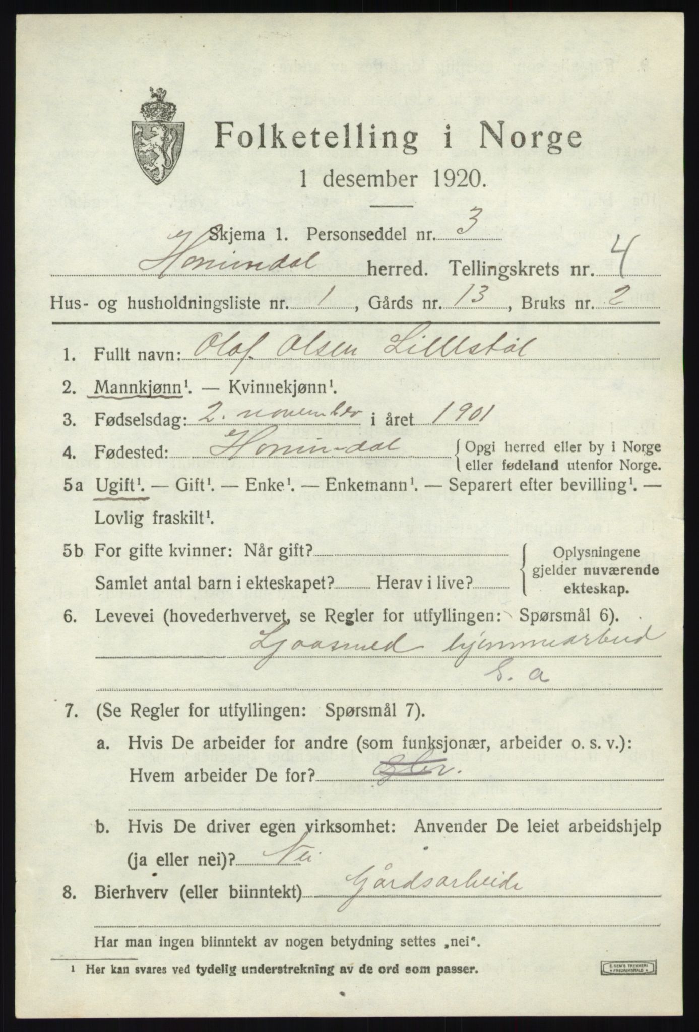 SAB, 1920 census for Hornindal, 1920, p. 1762