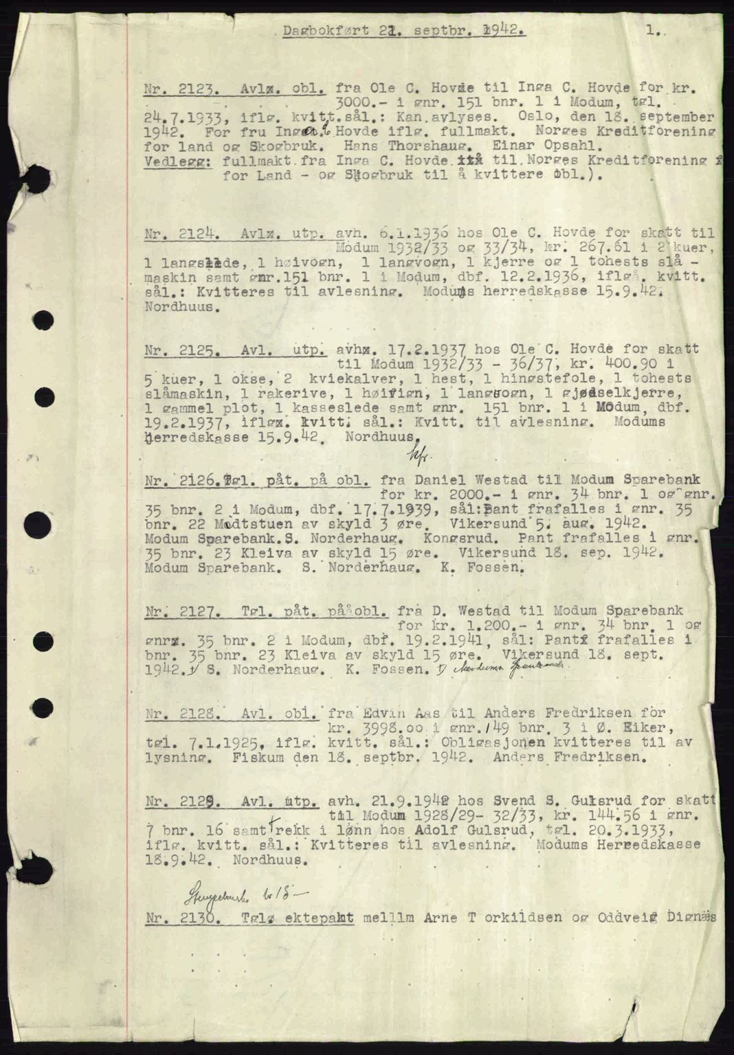 Eiker, Modum og Sigdal sorenskriveri, SAKO/A-123/G/Ga/Gab/L0047: Mortgage book no. A17, 1942-1943, Diary no: : 2123/1942