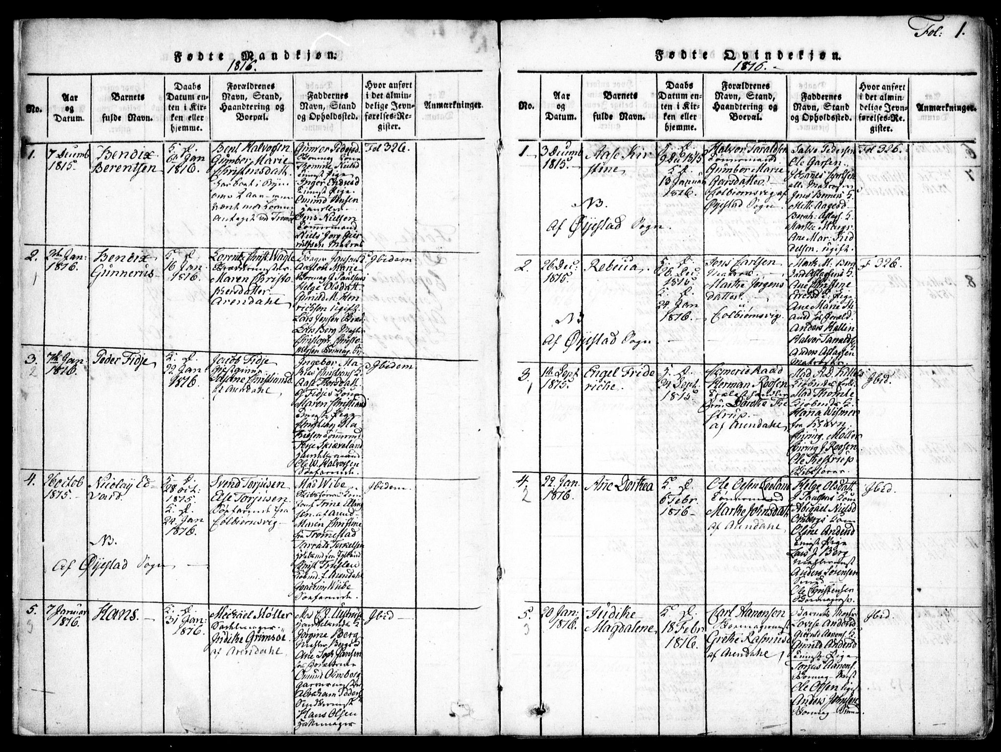 Arendal sokneprestkontor, Trefoldighet, SAK/1111-0040/F/Fa/L0004: Parish register (official) no. A 4, 1816-1839, p. 1