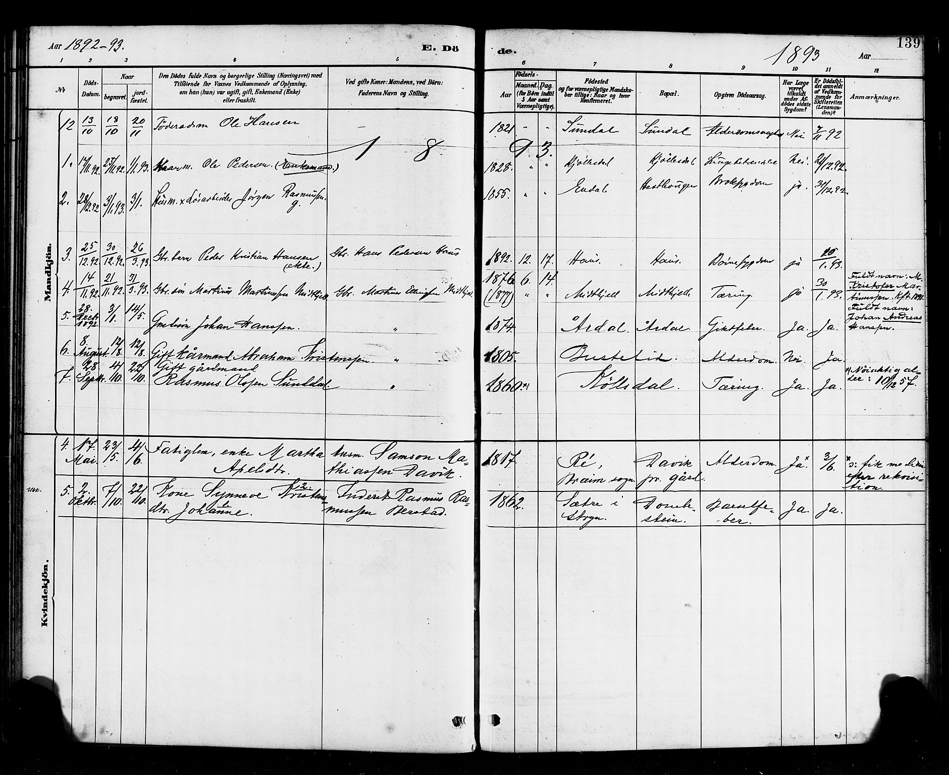 Davik sokneprestembete, AV/SAB-A-79701/H/Haa/Haab/L0001: Parish register (official) no. B 1, 1882-1900, p. 139