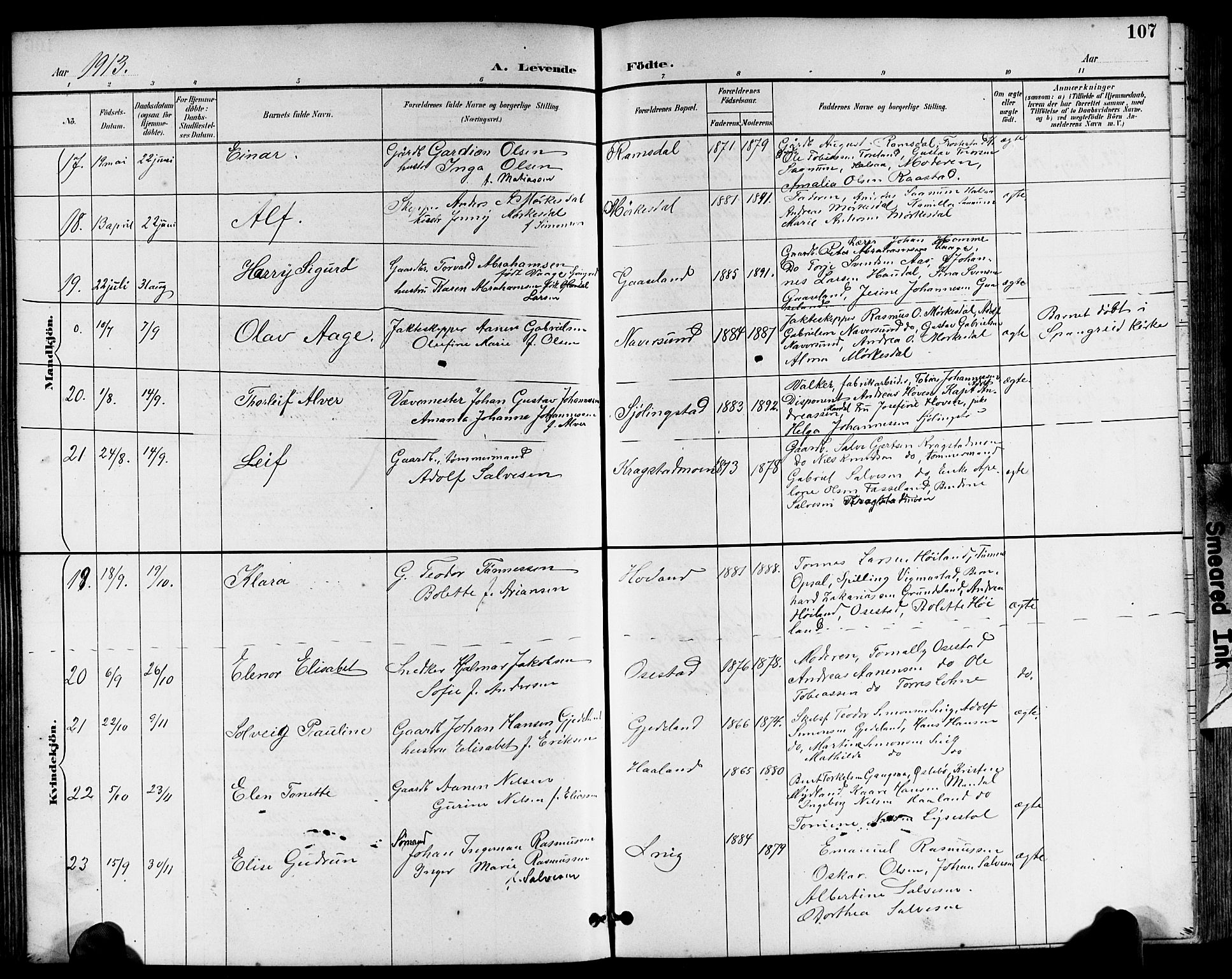 Sør-Audnedal sokneprestkontor, AV/SAK-1111-0039/F/Fb/Fbb/L0006: Parish register (copy) no. B 6, 1893-1915, p. 107