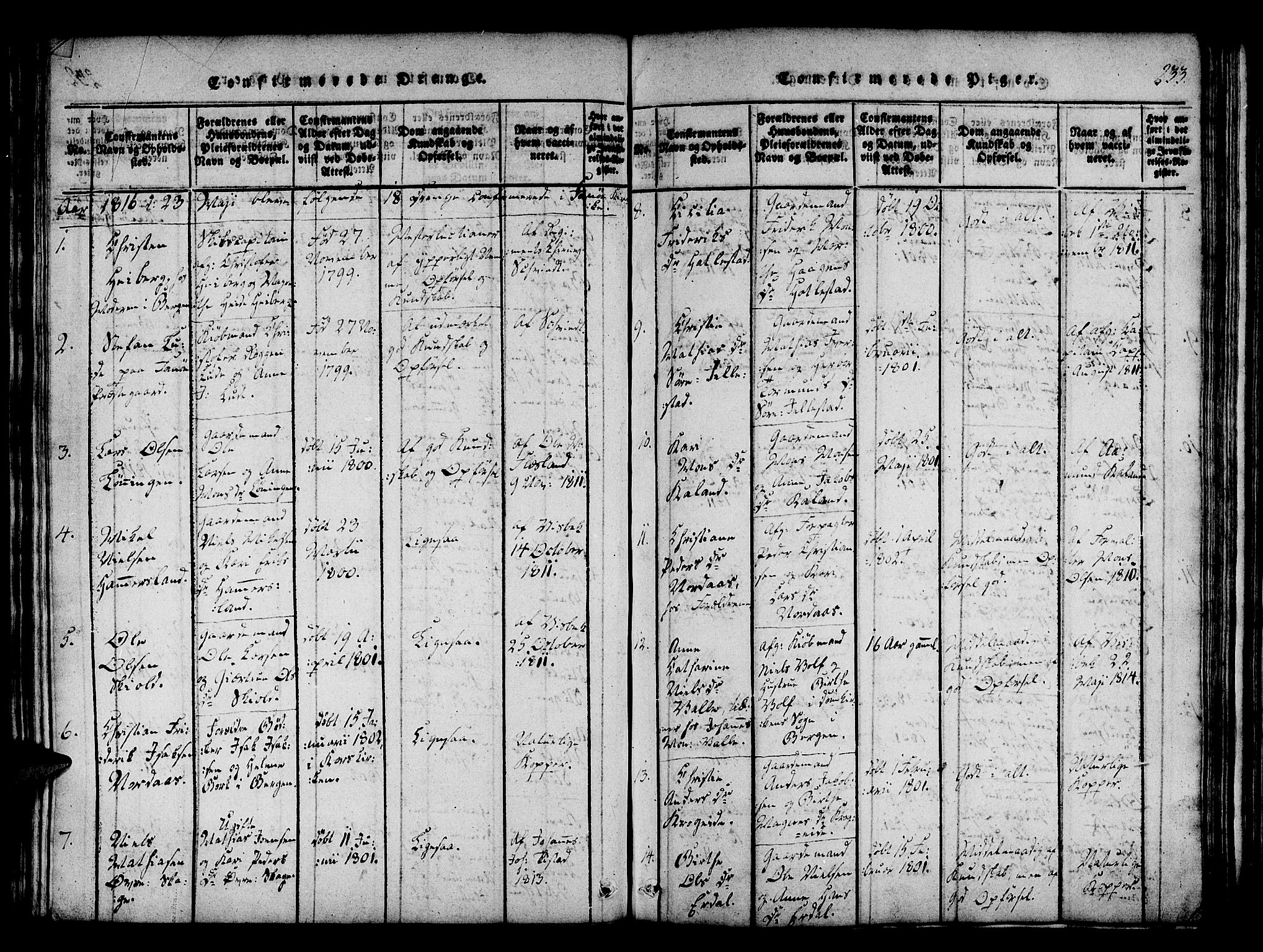Fana Sokneprestembete, SAB/A-75101/H/Haa/Haaa/L0007: Parish register (official) no. A 7, 1816-1828, p. 233