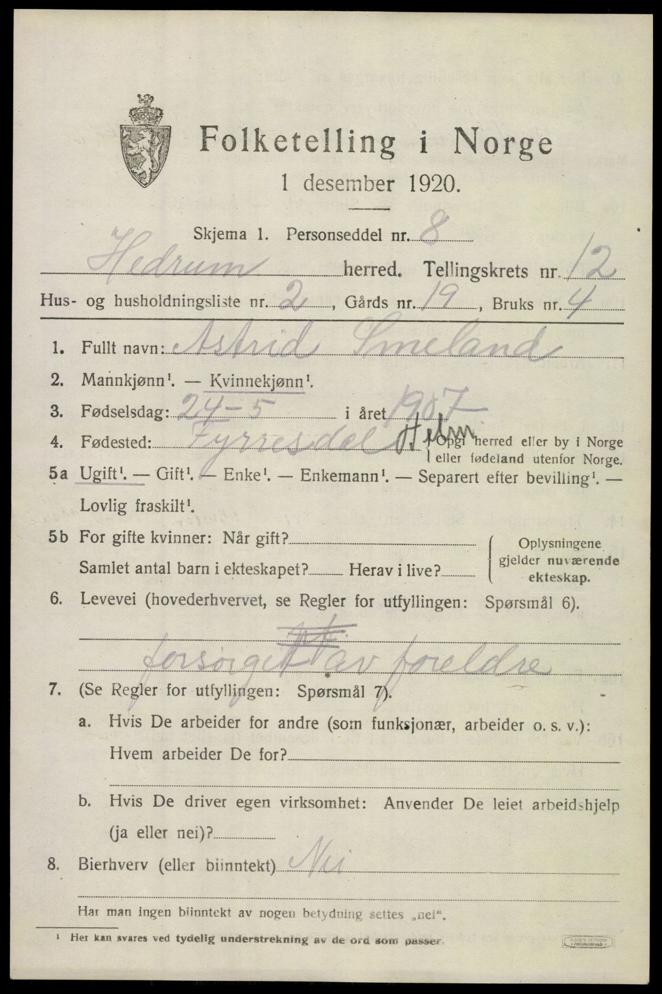 SAKO, 1920 census for Hedrum, 1920, p. 8047