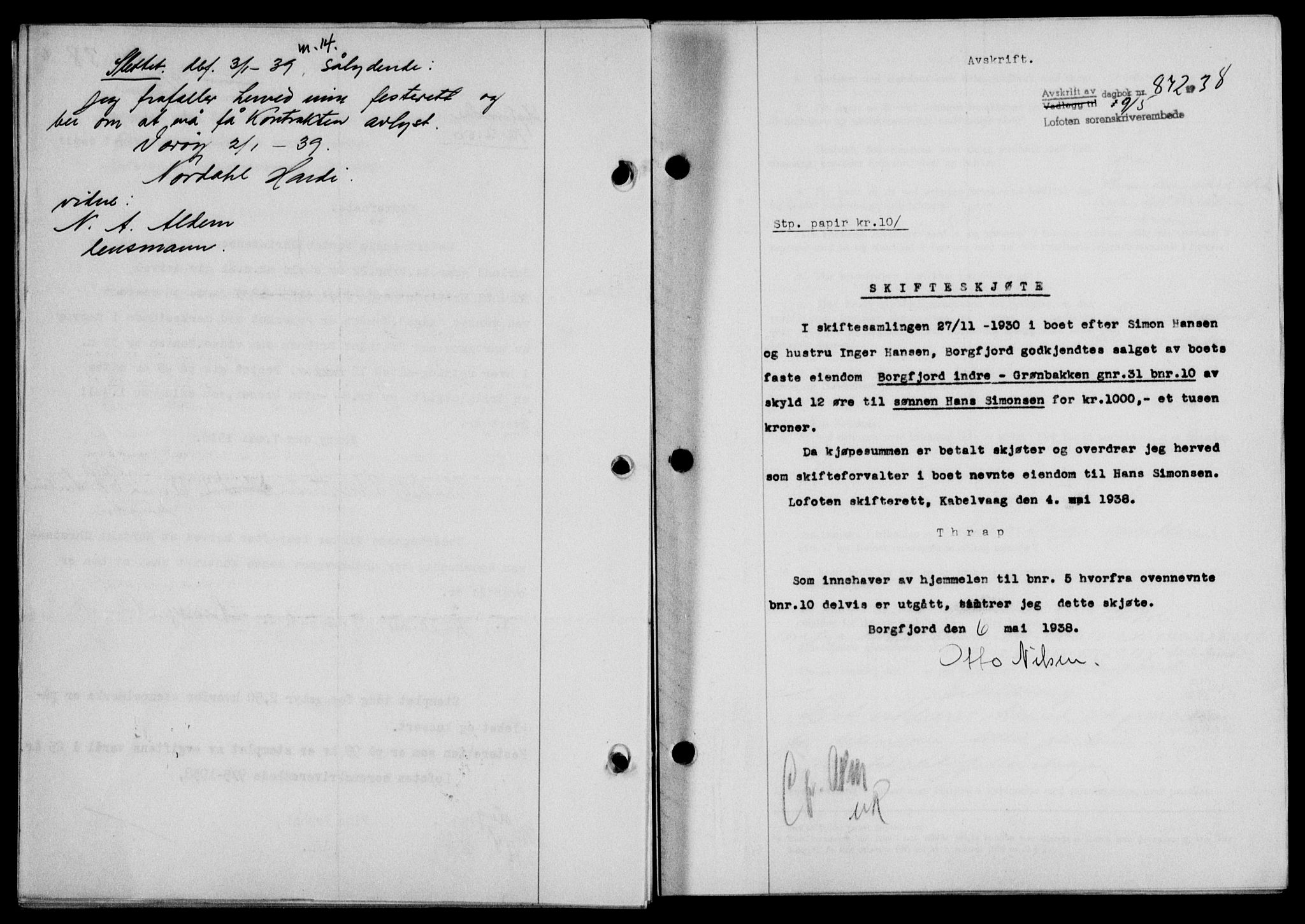 Lofoten sorenskriveri, SAT/A-0017/1/2/2C/L0004a: Mortgage book no. 4a, 1938-1938, Diary no: : 872/1938