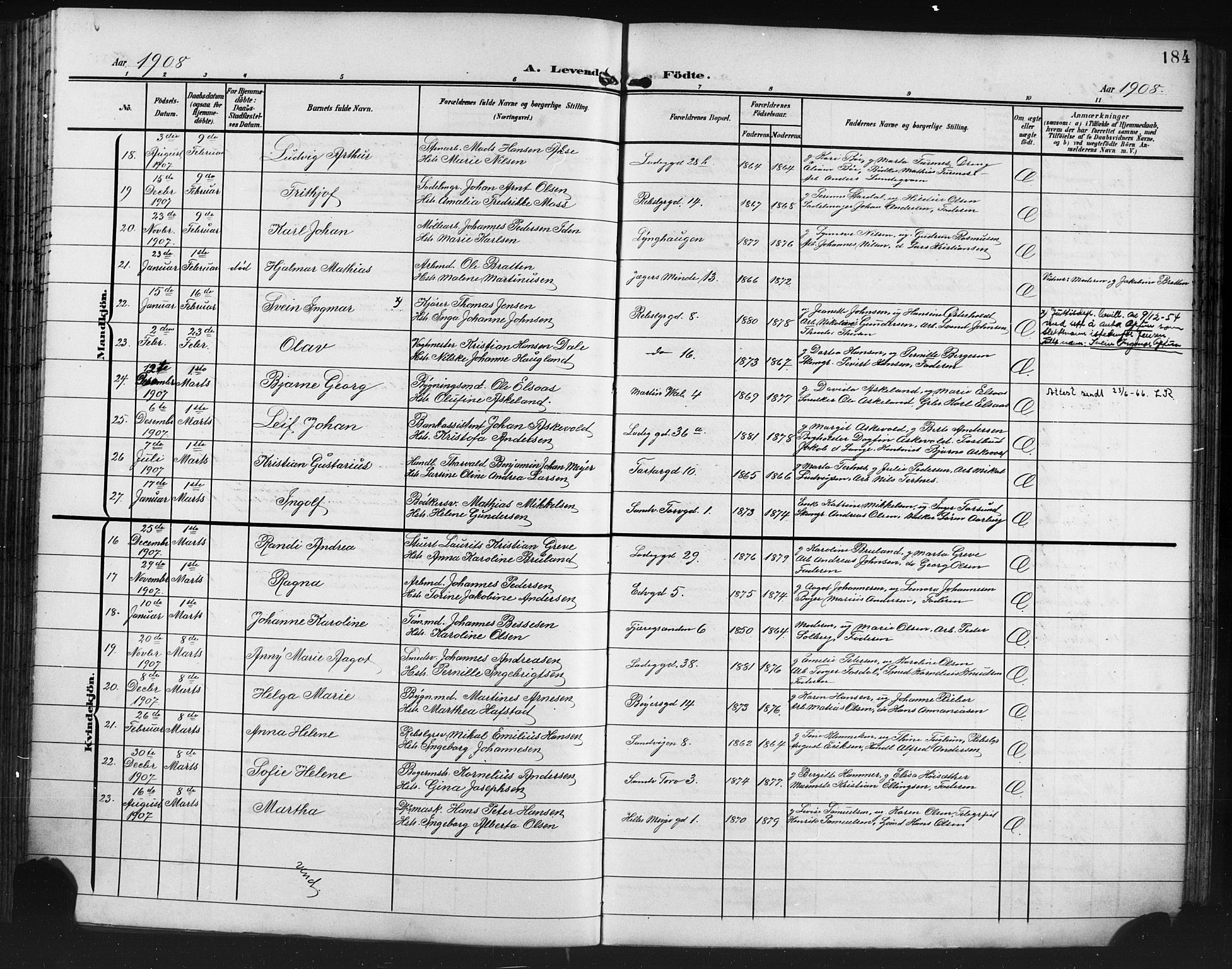 Sandviken Sokneprestembete, AV/SAB-A-77601/H/Hb/L0004: Parish register (copy) no. B 1, 1901-1914, p. 184