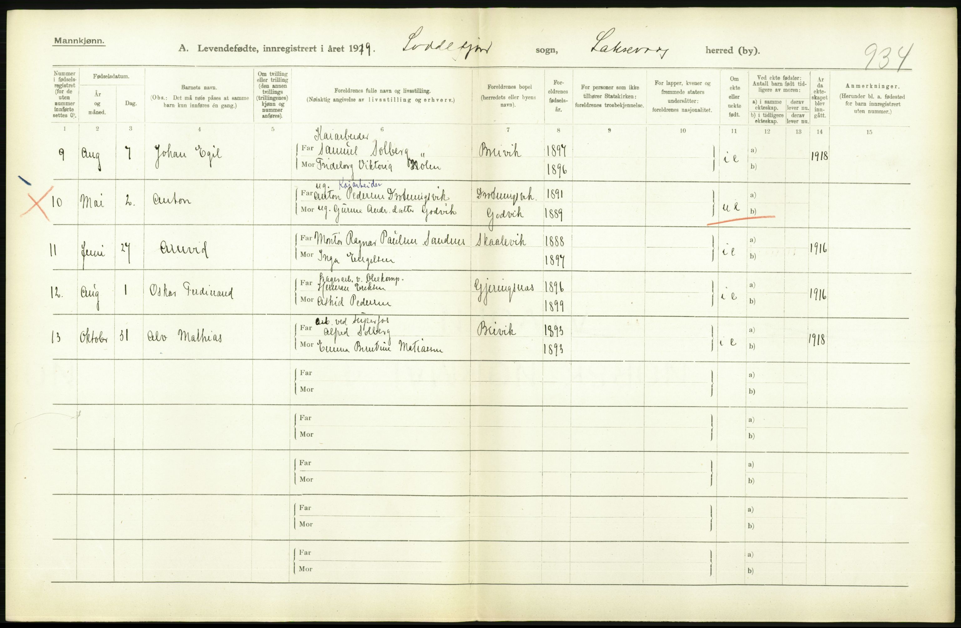 Statistisk sentralbyrå, Sosiodemografiske emner, Befolkning, RA/S-2228/D/Df/Dfb/Dfbi/L0031: Hordaland fylke: Levendefødte menn og kvinner. Bygder., 1919, p. 280