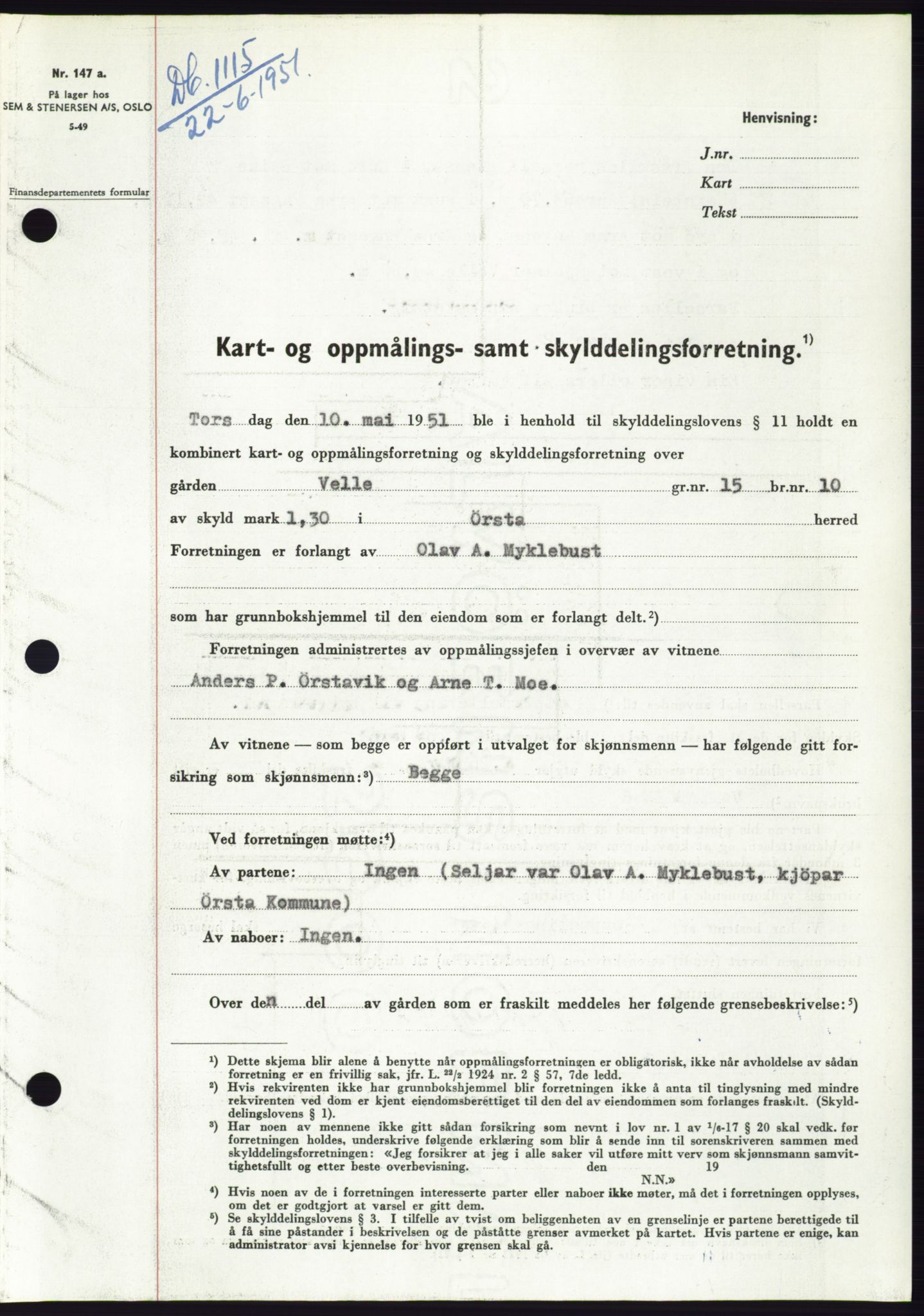 Søre Sunnmøre sorenskriveri, AV/SAT-A-4122/1/2/2C/L0089: Mortgage book no. 15A, 1951-1951, Diary no: : 1115/1951