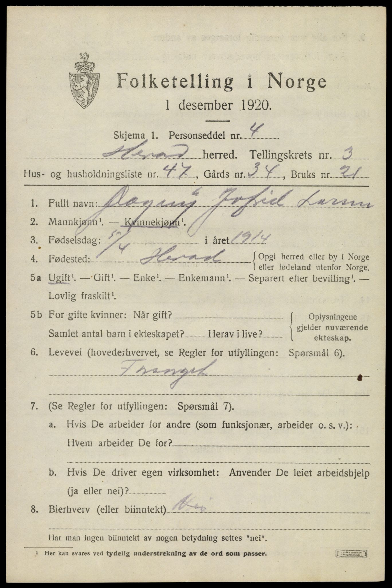 SAK, 1920 census for Herad, 1920, p. 1694