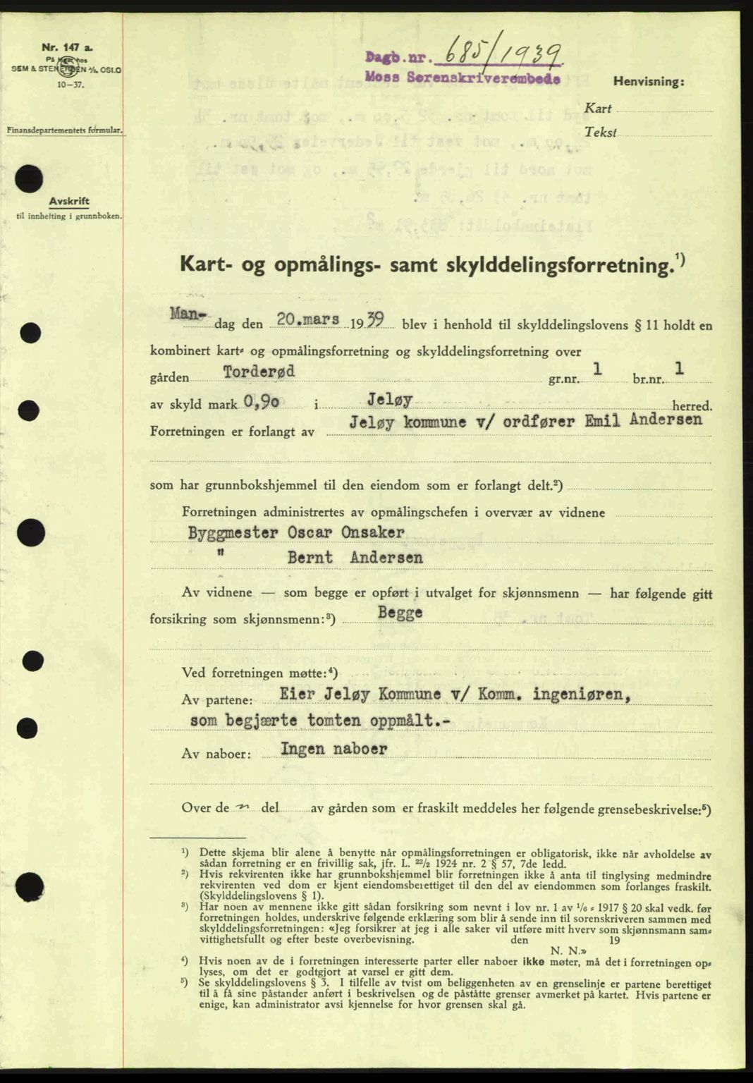 Moss sorenskriveri, SAO/A-10168: Mortgage book no. A5, 1938-1939, Diary no: : 685/1939