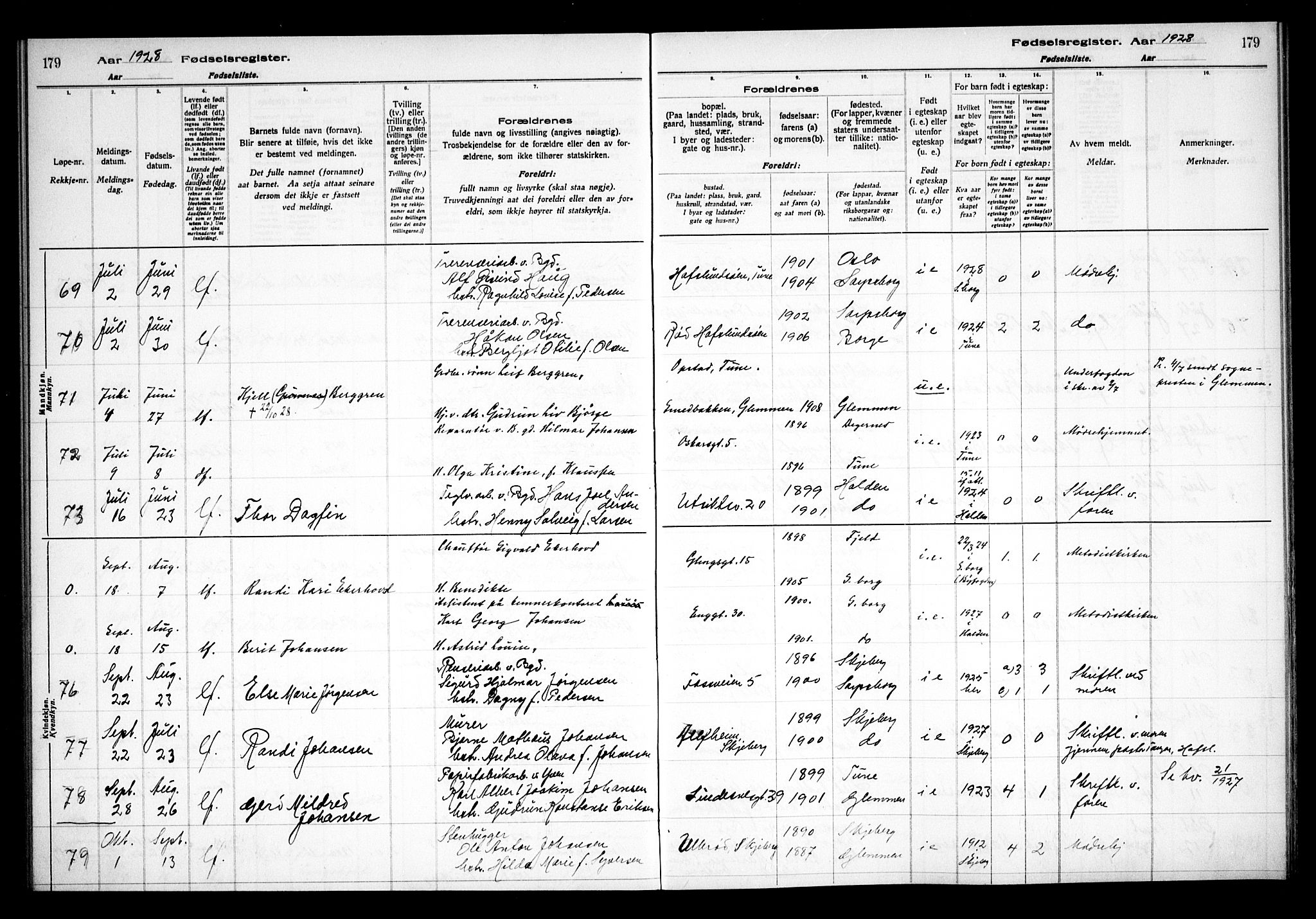 Sarpsborg prestekontor Kirkebøker, SAO/A-2006/J/Ja/L0002: Birth register no. 2, 1922-1928, p. 179