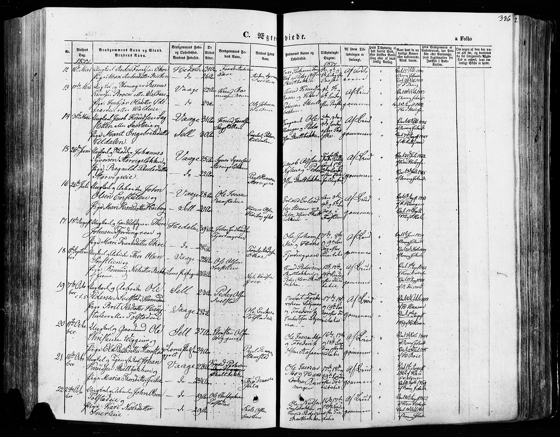 Vågå prestekontor, SAH/PREST-076/H/Ha/Haa/L0007: Parish register (official) no. 7 /1, 1872-1886, p. 336