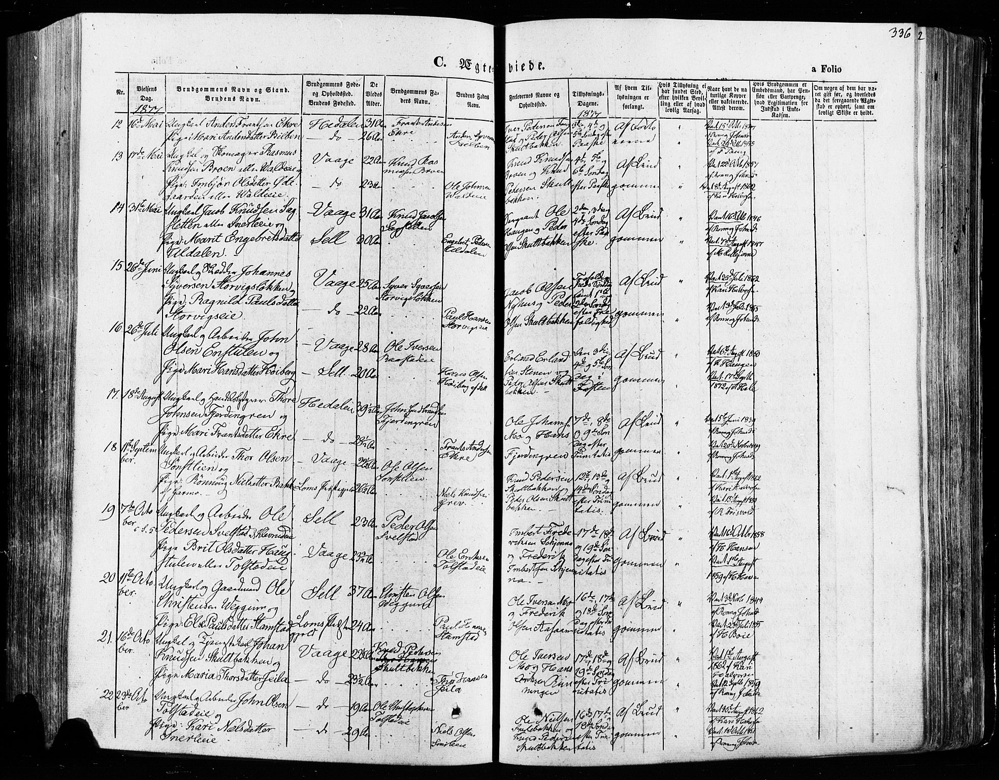 Vågå prestekontor, AV/SAH-PREST-076/H/Ha/Haa/L0007: Parish register (official) no. 7 /1, 1872-1886, p. 336