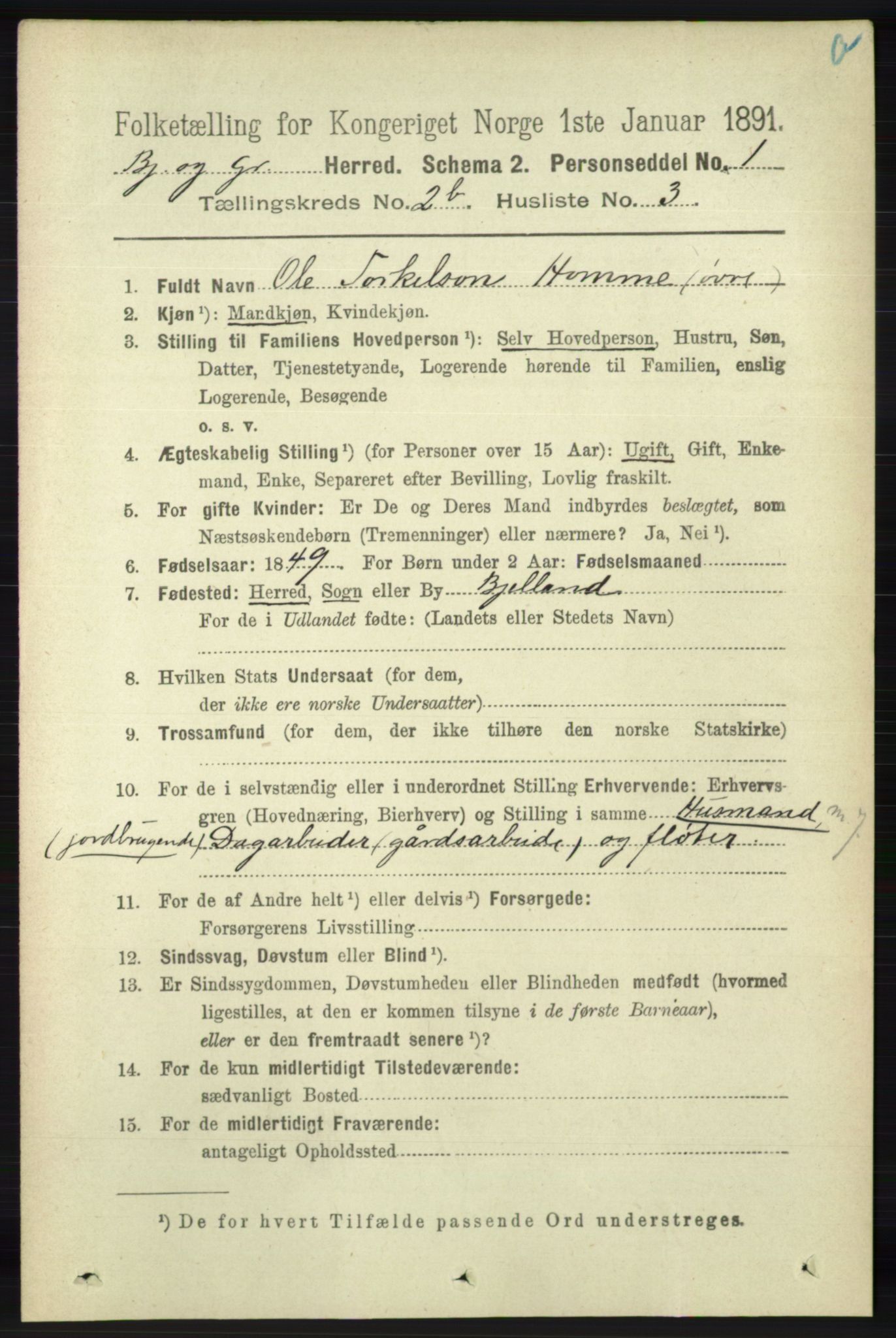 RA, 1891 census for 1024 Bjelland og Grindheim, 1891, p. 1139