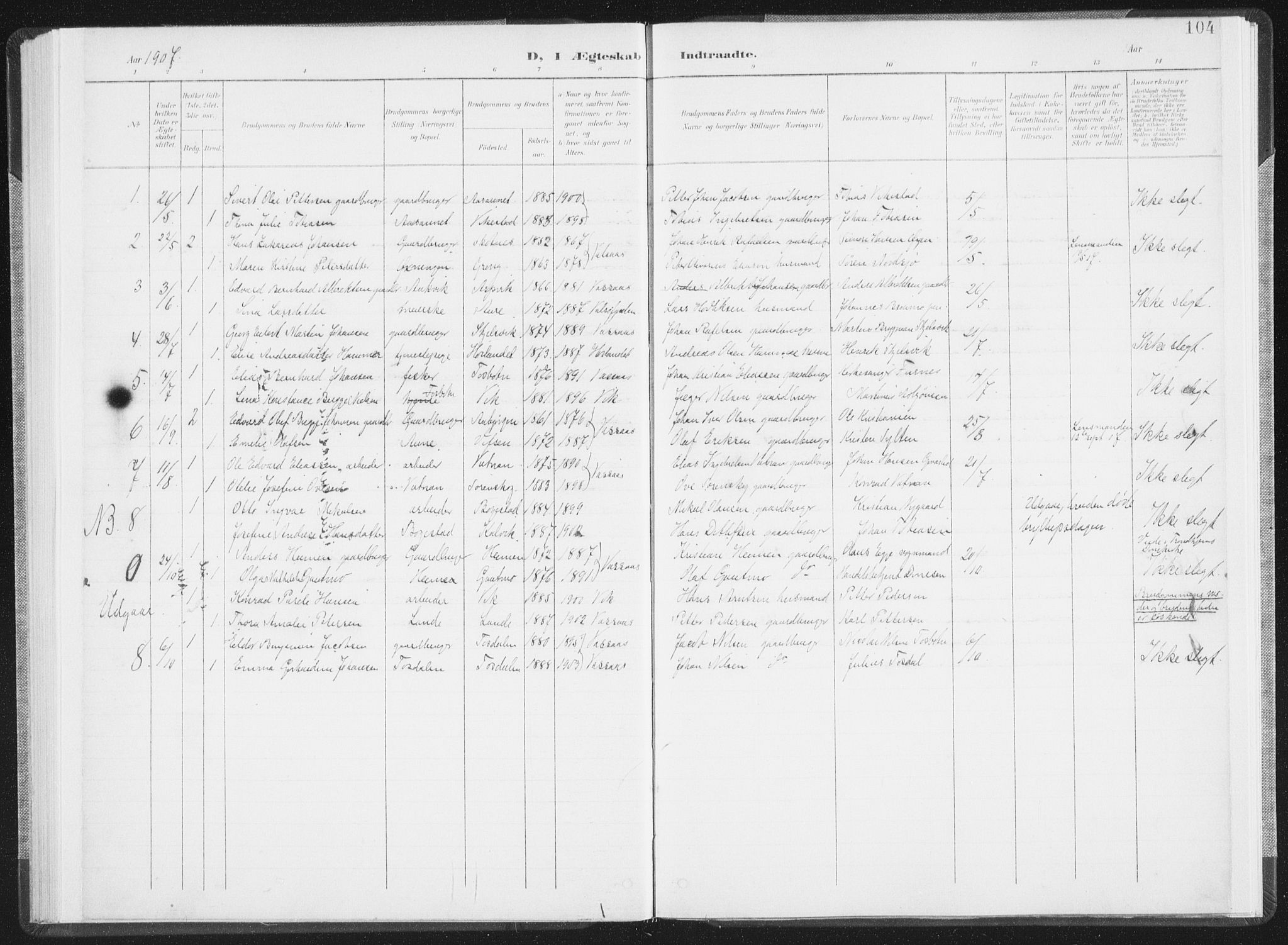 Ministerialprotokoller, klokkerbøker og fødselsregistre - Nordland, AV/SAT-A-1459/810/L0153: Parish register (official) no. 810A12, 1899-1914, p. 104