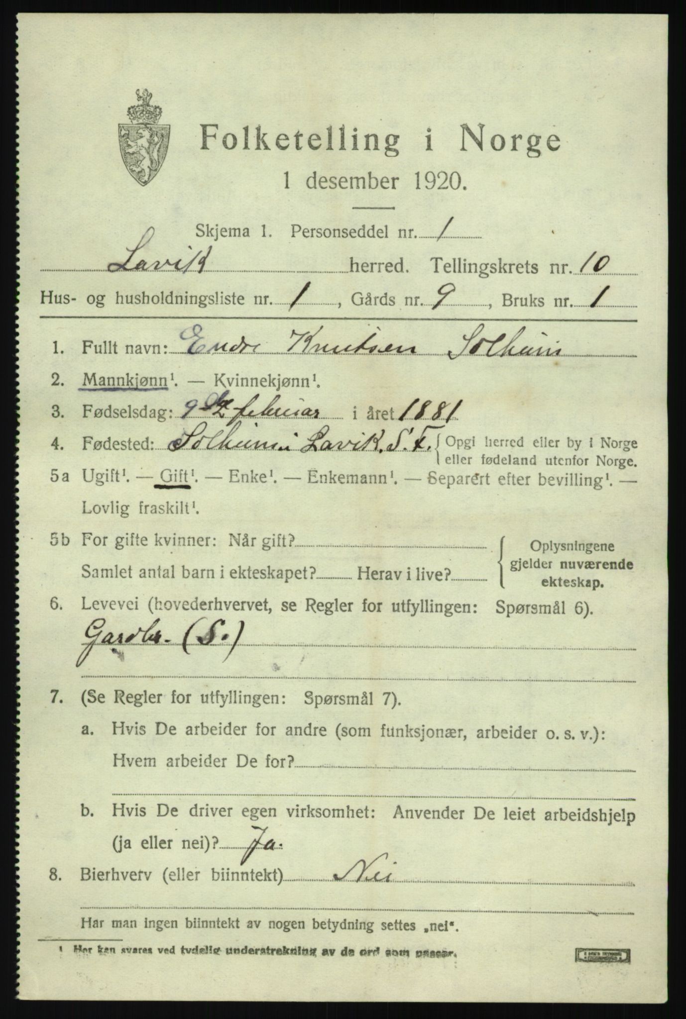 SAB, 1920 census for Lavik, 1920, p. 2264
