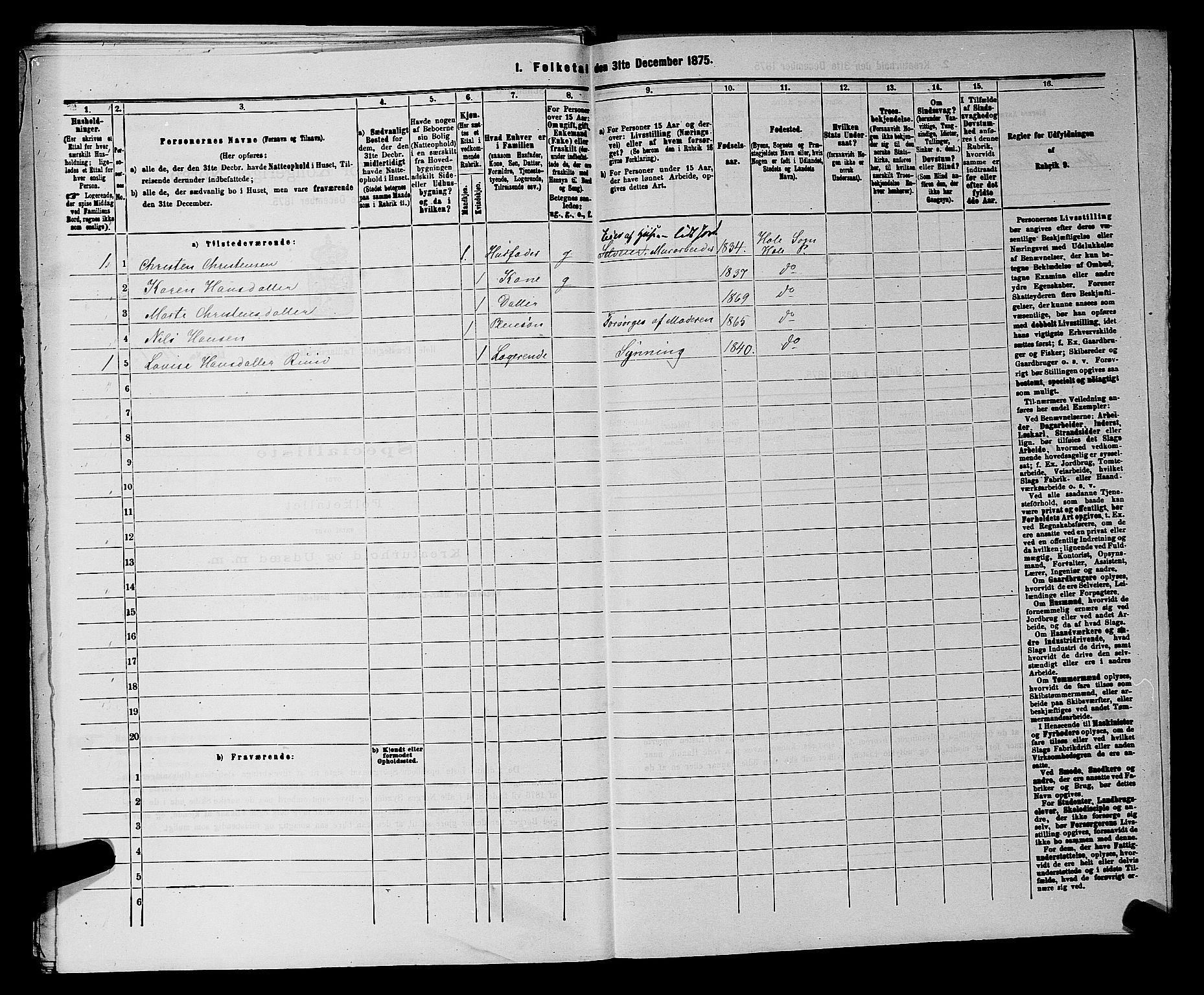 SAKO, 1875 census for 0612P Hole, 1875, p. 852