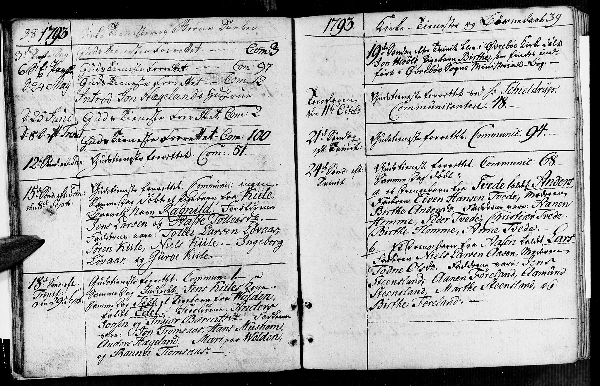 Vennesla sokneprestkontor, AV/SAK-1111-0045/Fa/Faa/L0002: Parish register (official) no. A 2, 1785-1834, p. 38-39