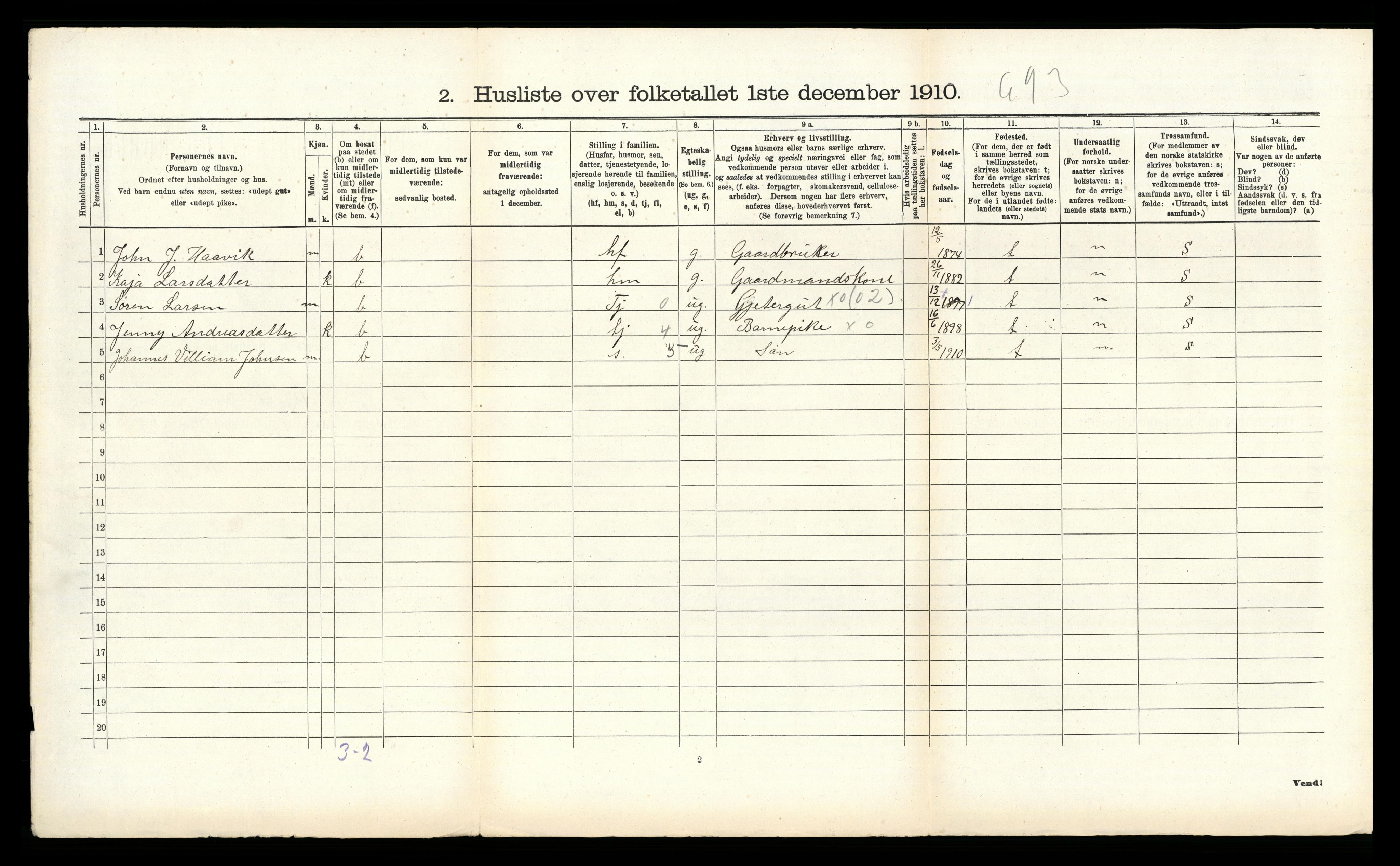 RA, 1910 census for Skjold, 1910, p. 315