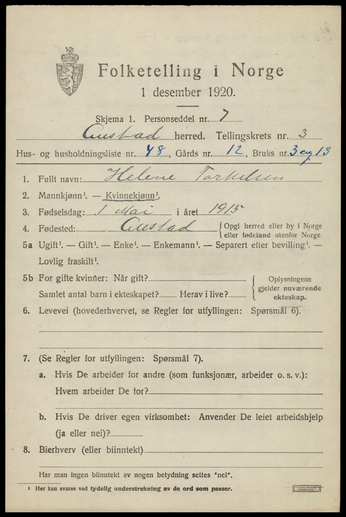 SAK, 1920 census for Austad, 1920, p. 1373