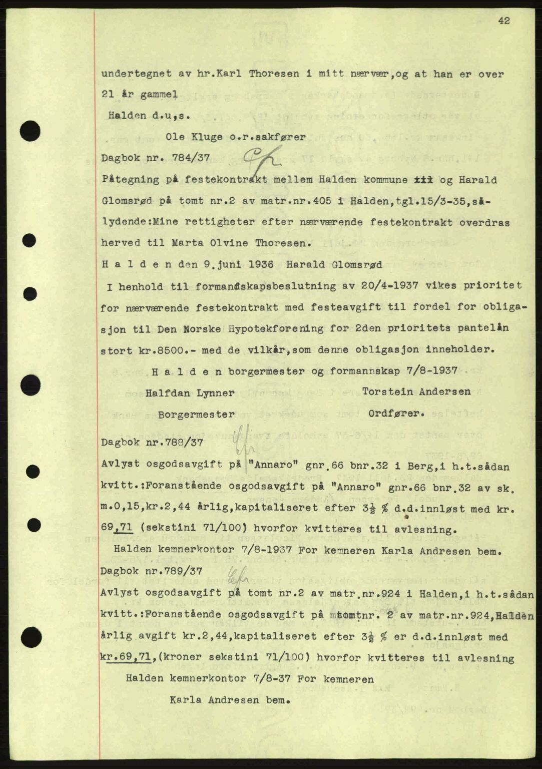 Idd og Marker sorenskriveri, AV/SAO-A-10283/G/Gb/Gbc/L0001: Mortgage book no. B1-3, 1936-1939, Diary no: : 784/1937