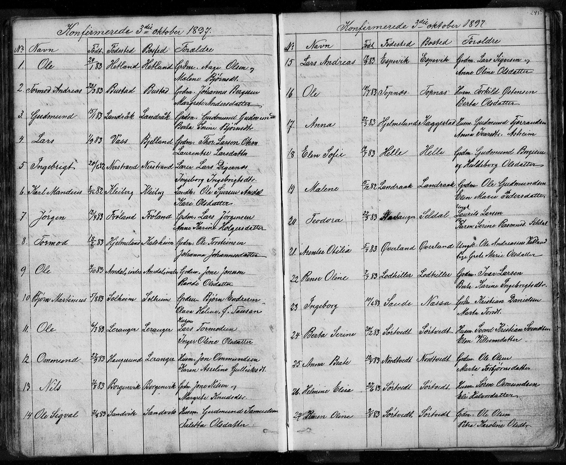 Nedstrand sokneprestkontor, SAST/A-101841/01/V: Parish register (copy) no. B 3, 1848-1933, p. 245