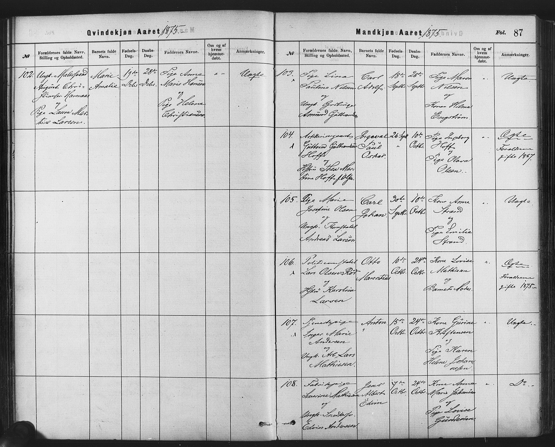 Rikshospitalet prestekontor Kirkebøker, AV/SAO-A-10309b/F/L0006: Parish register (official) no. 6, 1871-1885, p. 87