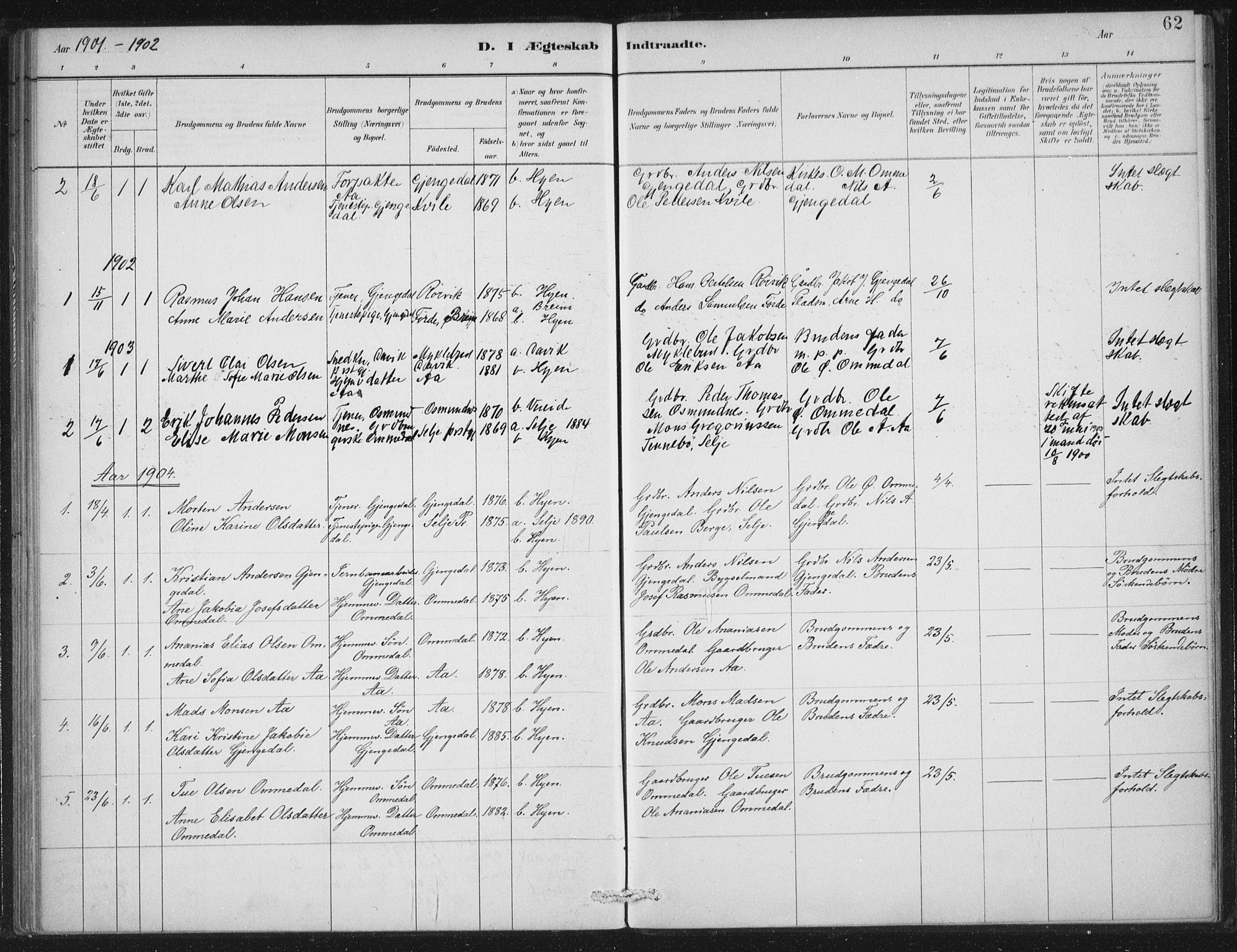 Gloppen sokneprestembete, AV/SAB-A-80101/H/Haa/Haae/L0001: Parish register (official) no. E  1, 1885-1904, p. 62